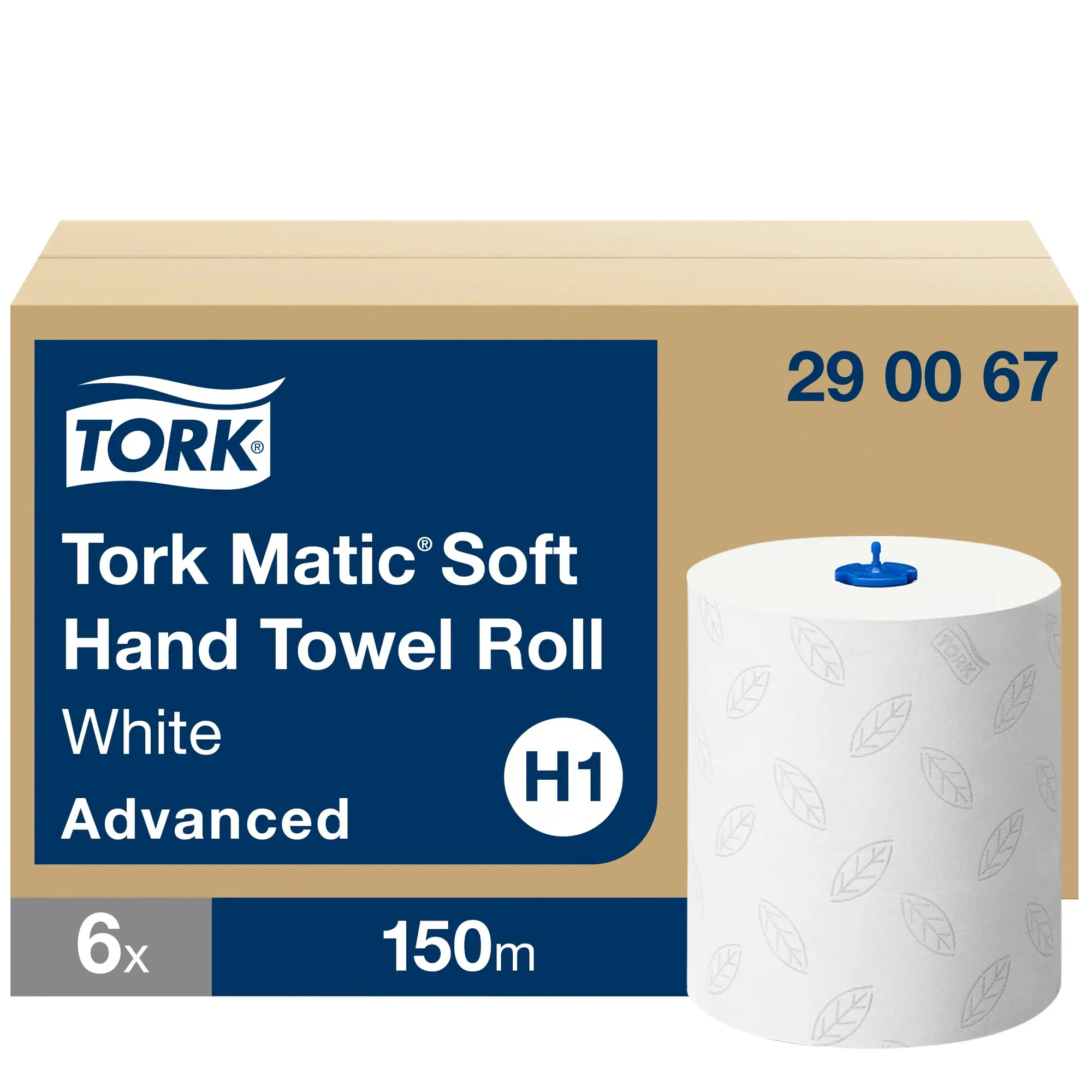 Tork Matic® miękki ręcznik w roli 290067, biała rolka z dekorem liścia na tle opakowania zbiorczego
