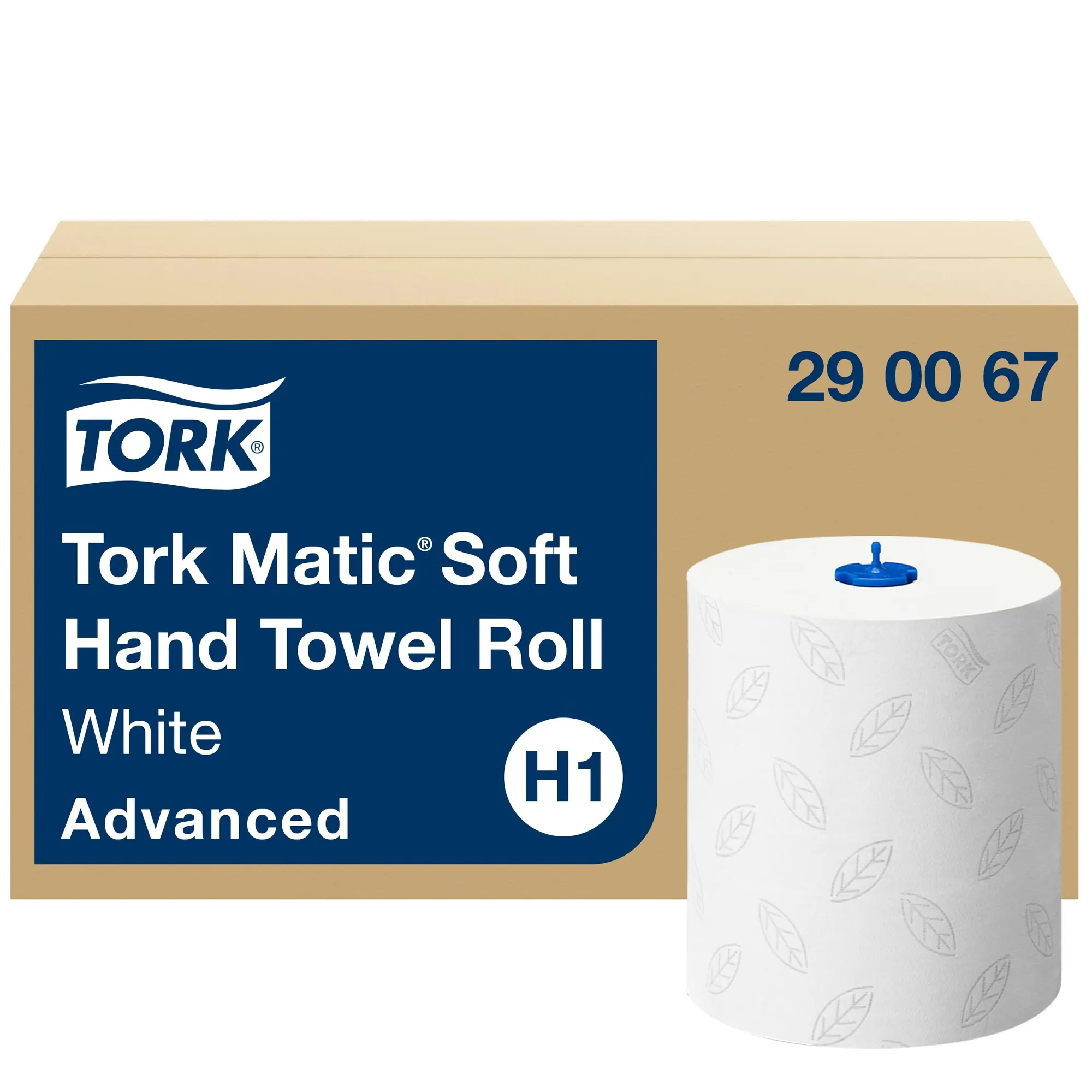 Tork Matic® miękki ręcznik w roli H1, zbliżenie na rolkę z niebieskim trzpieniem i wzorem szarego listka