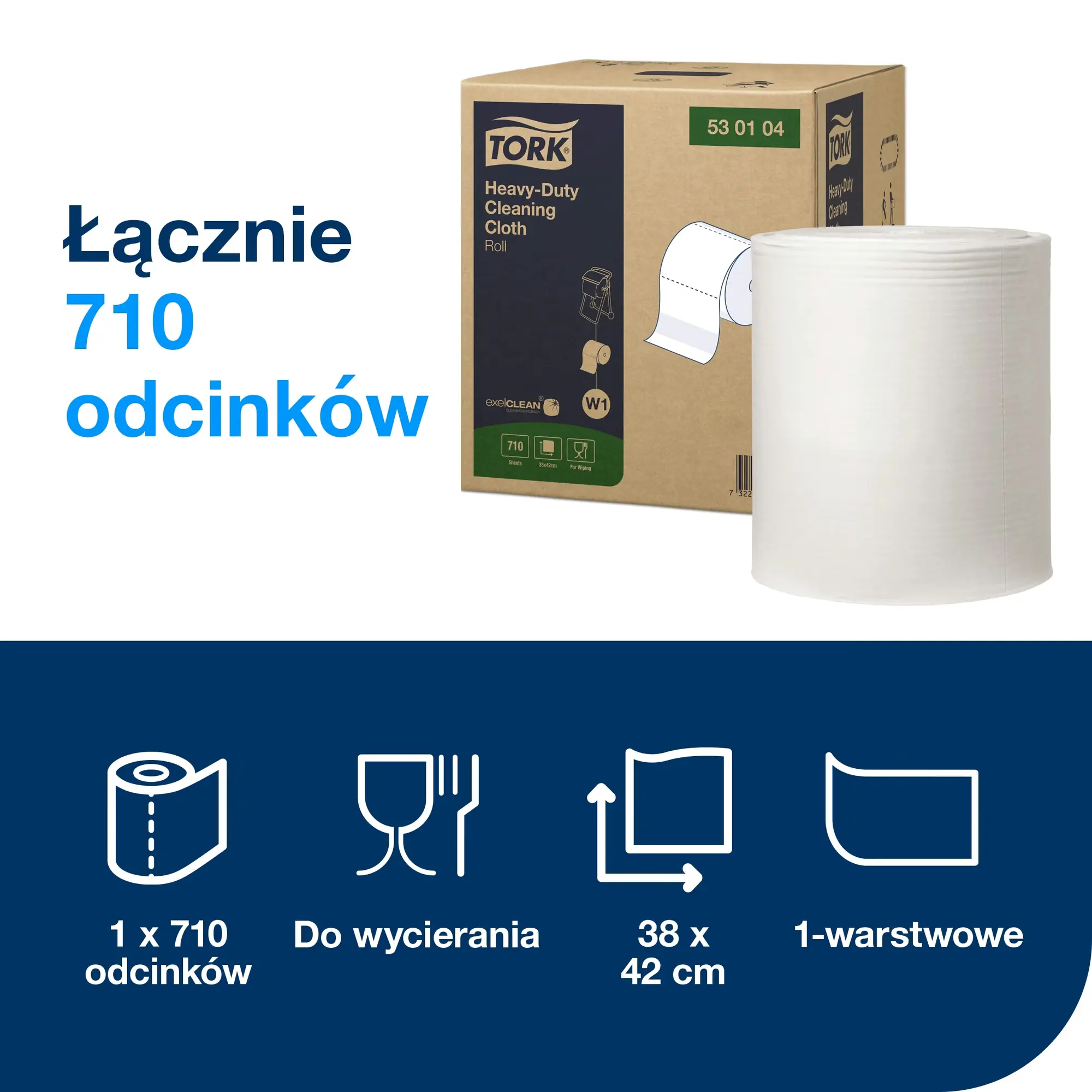 Czyściwo do trudnych zabrudzeń Tork W1, specyfikacja produktu: 710 odcinków o wymiarach 38x42 cm