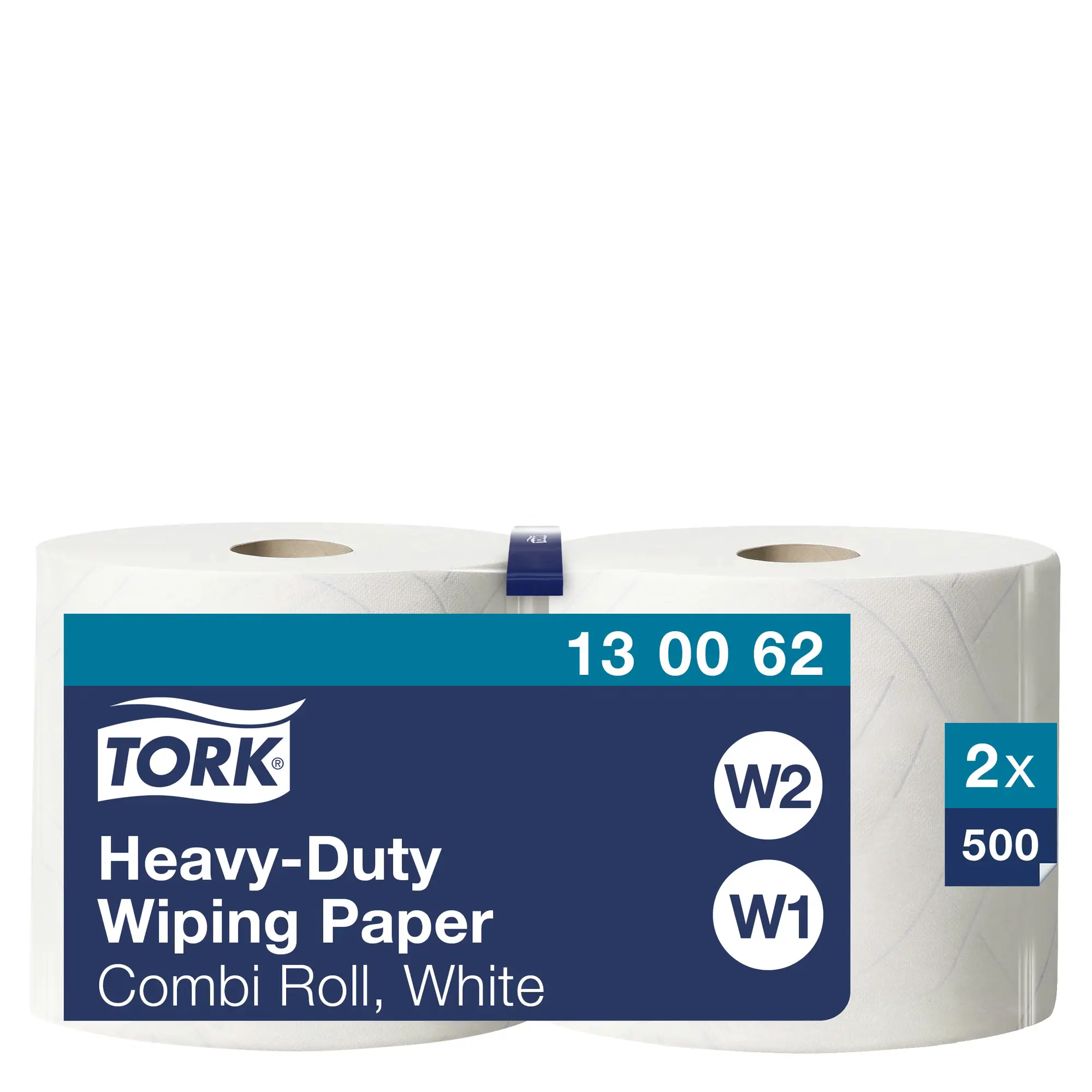 Tork czyściwo papierowe wielozadaniowe do trudnych zabrudzeń, dwie białe rolki w opakowaniu z etykietą Heavy-Duty