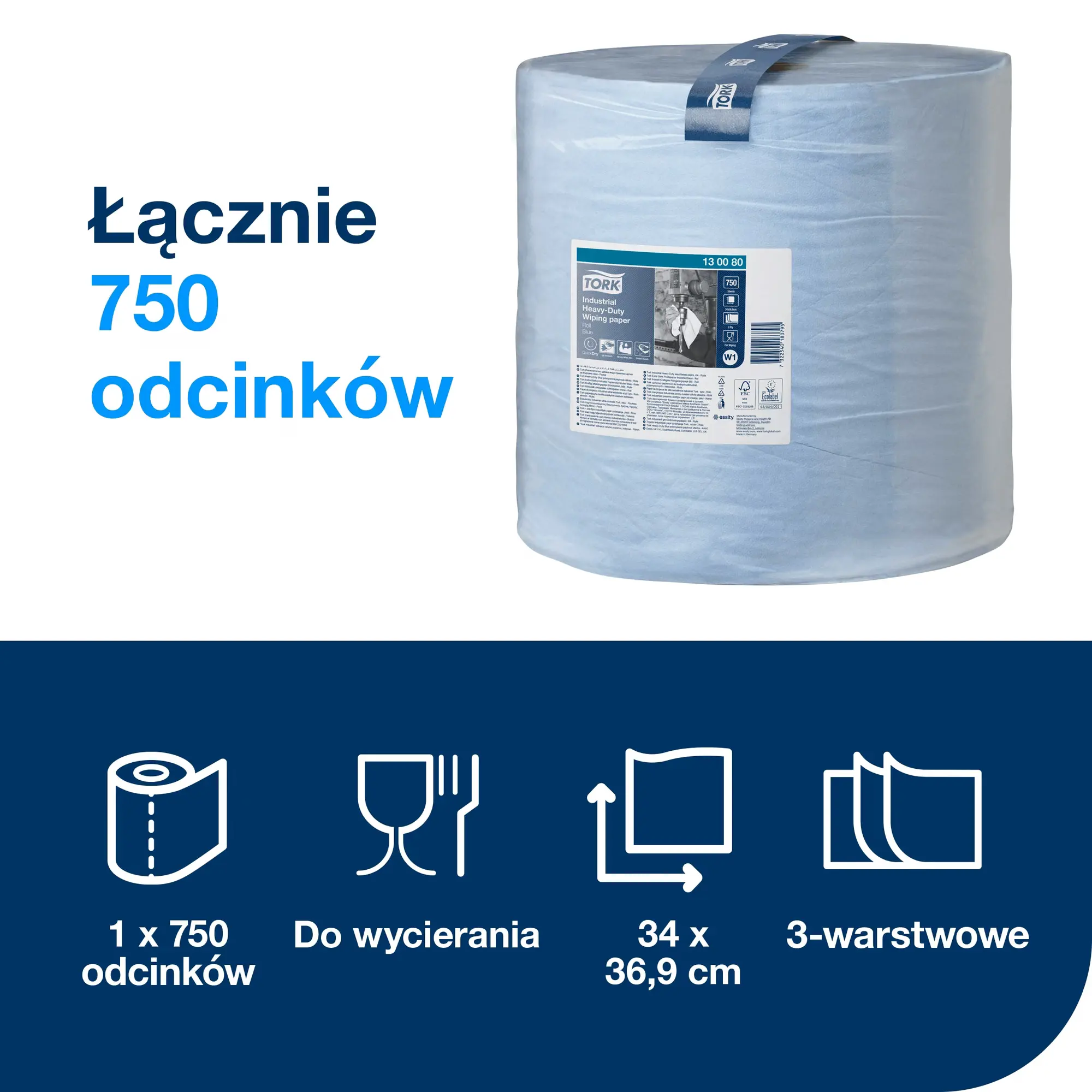 Czyściwo papierowe Tork W1, specyfikacja 3 warstwy i wymiary odcinka 34x36,9 cm