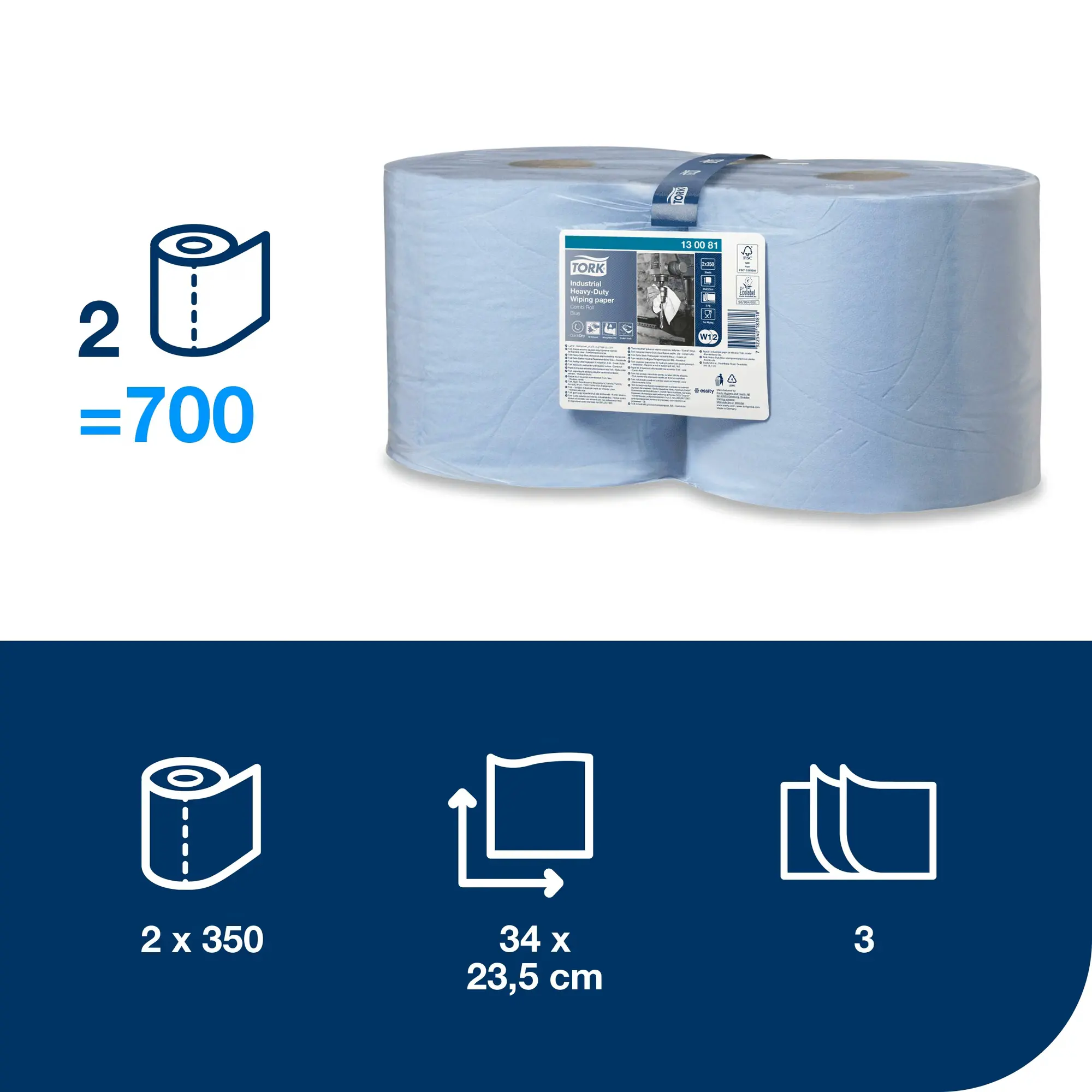 Tork czyściwo papierowe do trudnych zabrudzeń, specyfikacja techniczna 2 rolki po 350 listków o wymiarach 34x23,5 cm