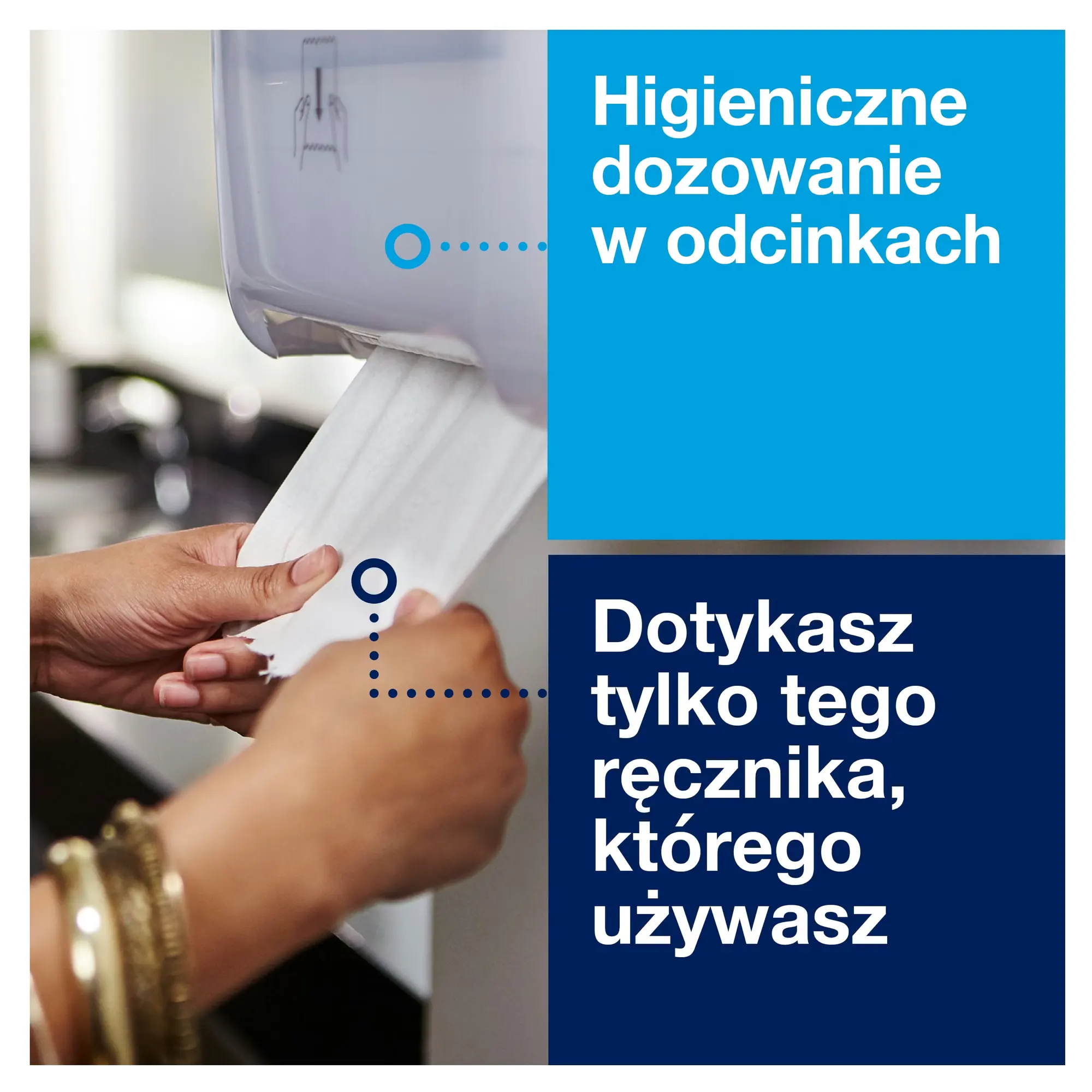 Tork Matic® dozownik do ręczników papierowych w roli, zbliżenie na higieniczne dozowanie pojedynczego odcinka ręcznika