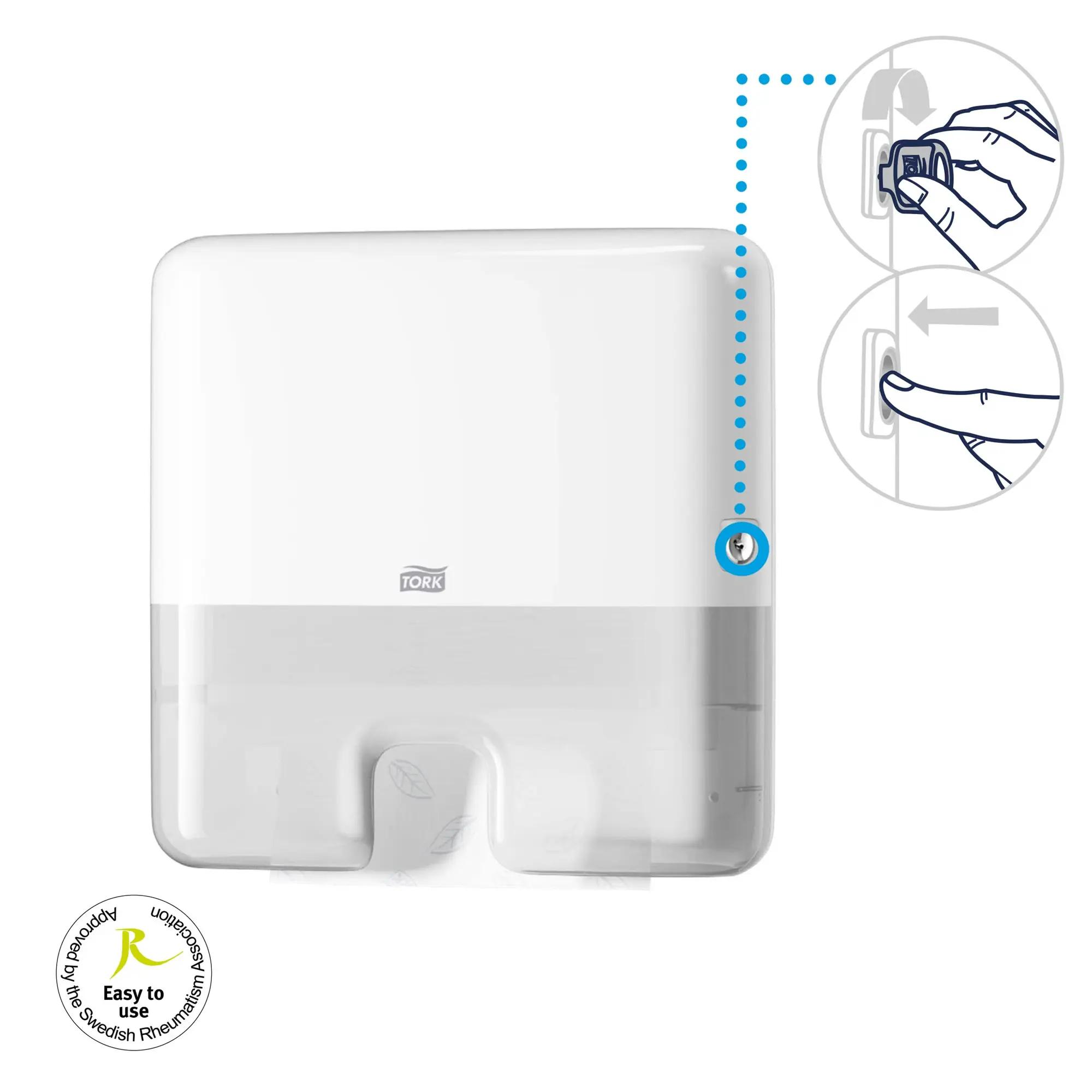 Tork Xpress® mini dozownik do ręczników, instrukcja otwierania kluczykiem i certyfikat Easy to use