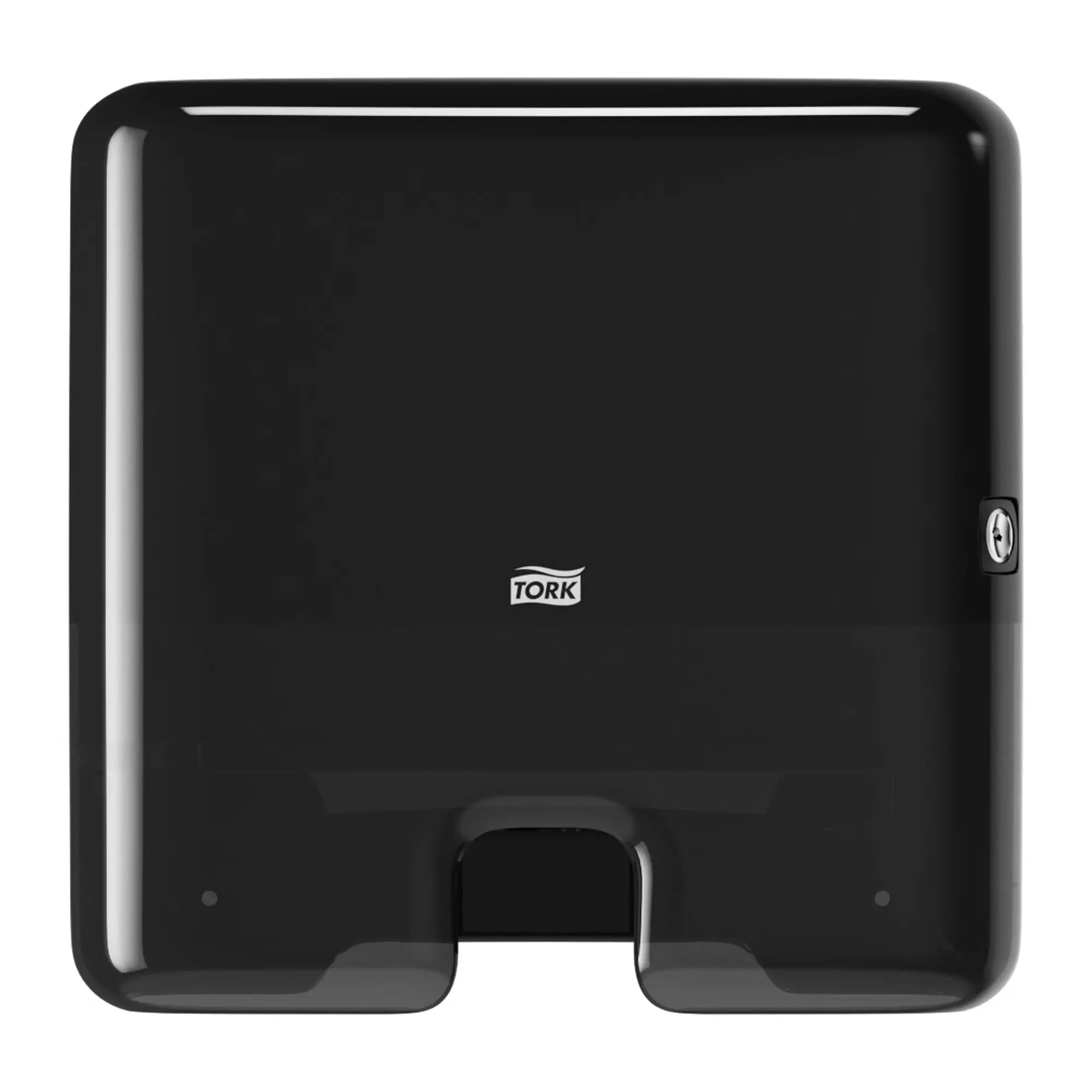 Tork Xpress® mini dozownik do ręczników w składce wielopanelowej, czarna obudowa z połyskiem, widok z przodu