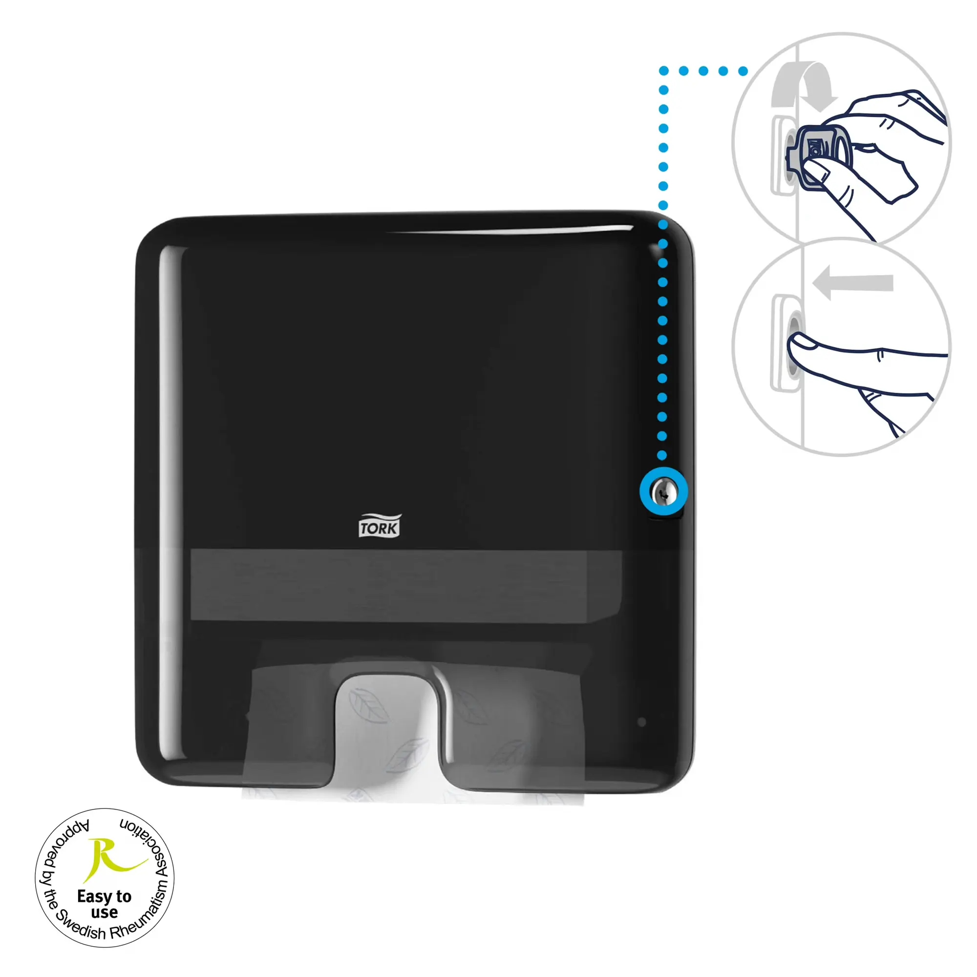Tork Xpress® mini dozownik do ręczników, instrukcja otwierania kluczykiem i certyfikat Easy to use
