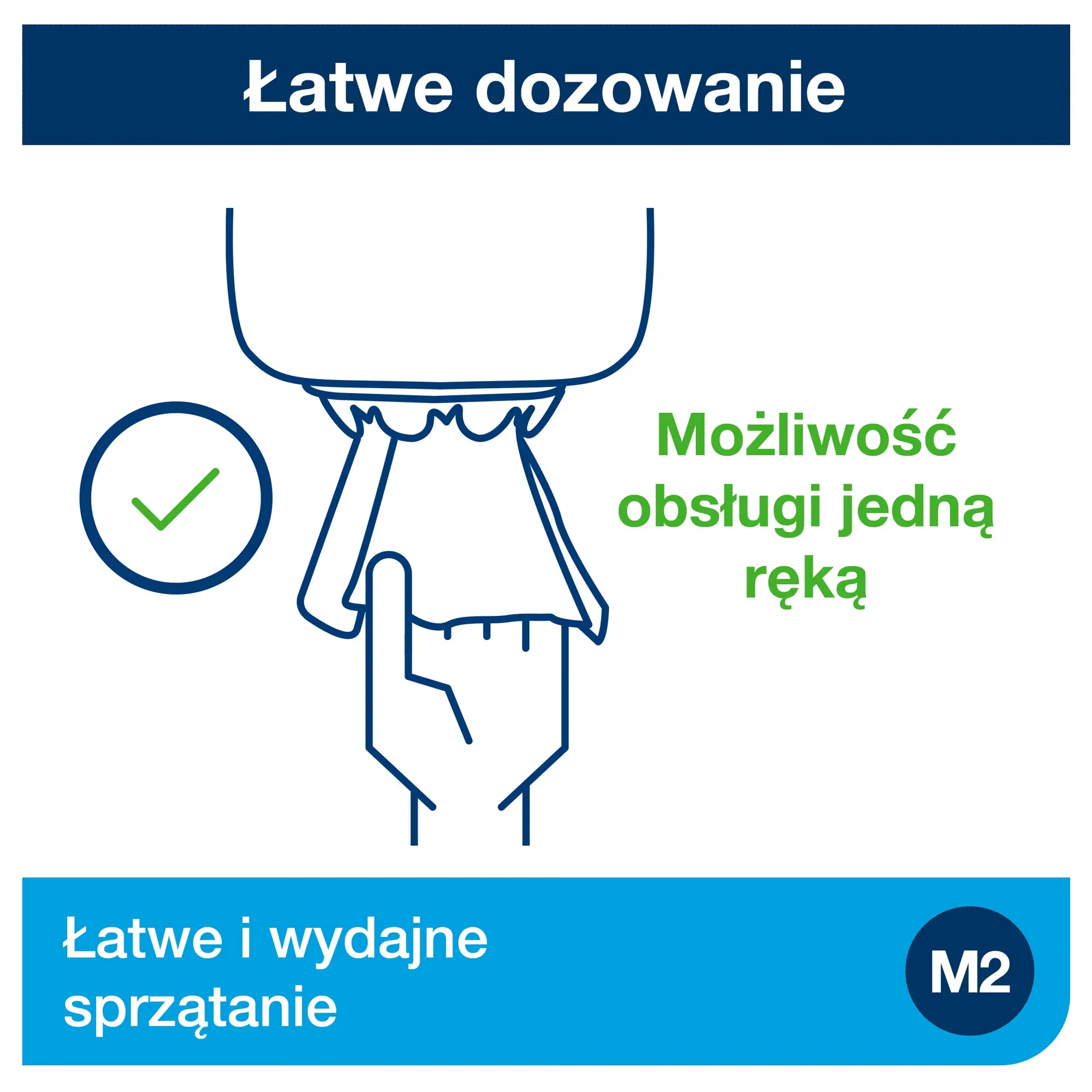 Dozownik Tork M2 biały, schemat obsługi jedną ręką i łatwego dozowania czyściwa