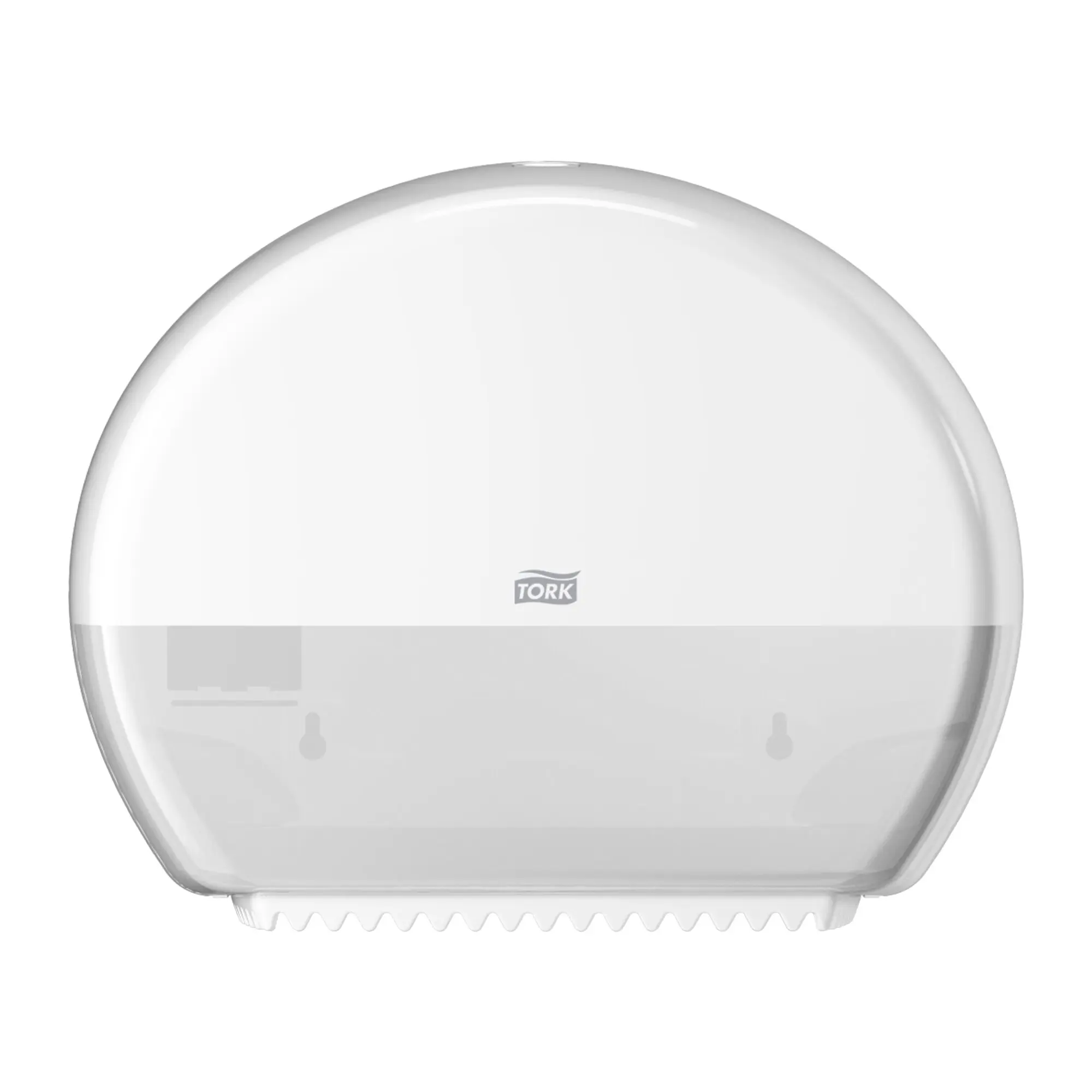 Dozownik na papier toaletowy Tork mini jumbo 555000, biała obudowa Elevation T2 widok z przodu
