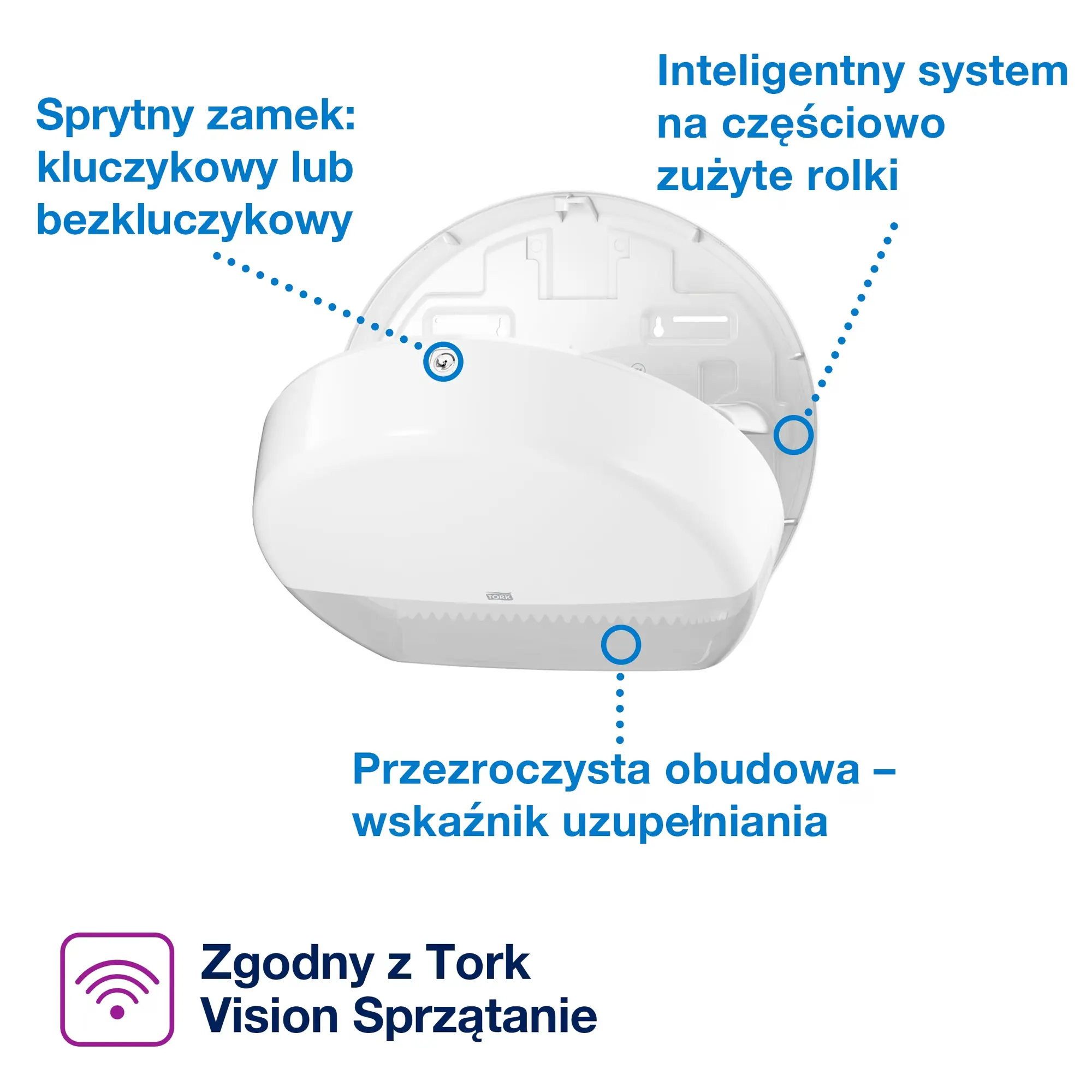 Dozownik na papier toaletowy Tork mini jumbo, schemat z zamkiem i przezroczystym wskaźnikiem poziomu papieru