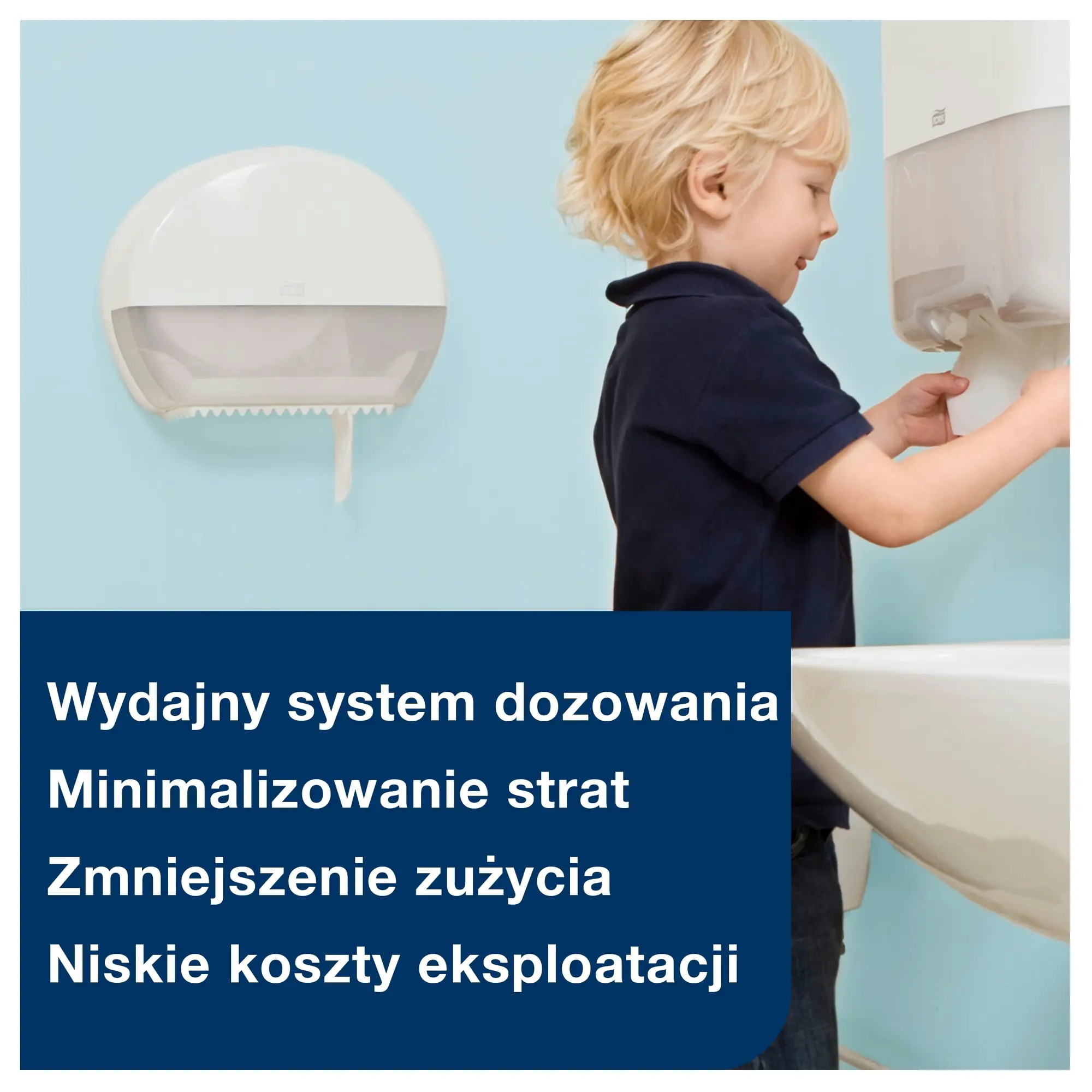 Dozownik na papier toaletowy Tork mini jumbo, biały podajnik zamontowany na błękitnej ścianie w łazience