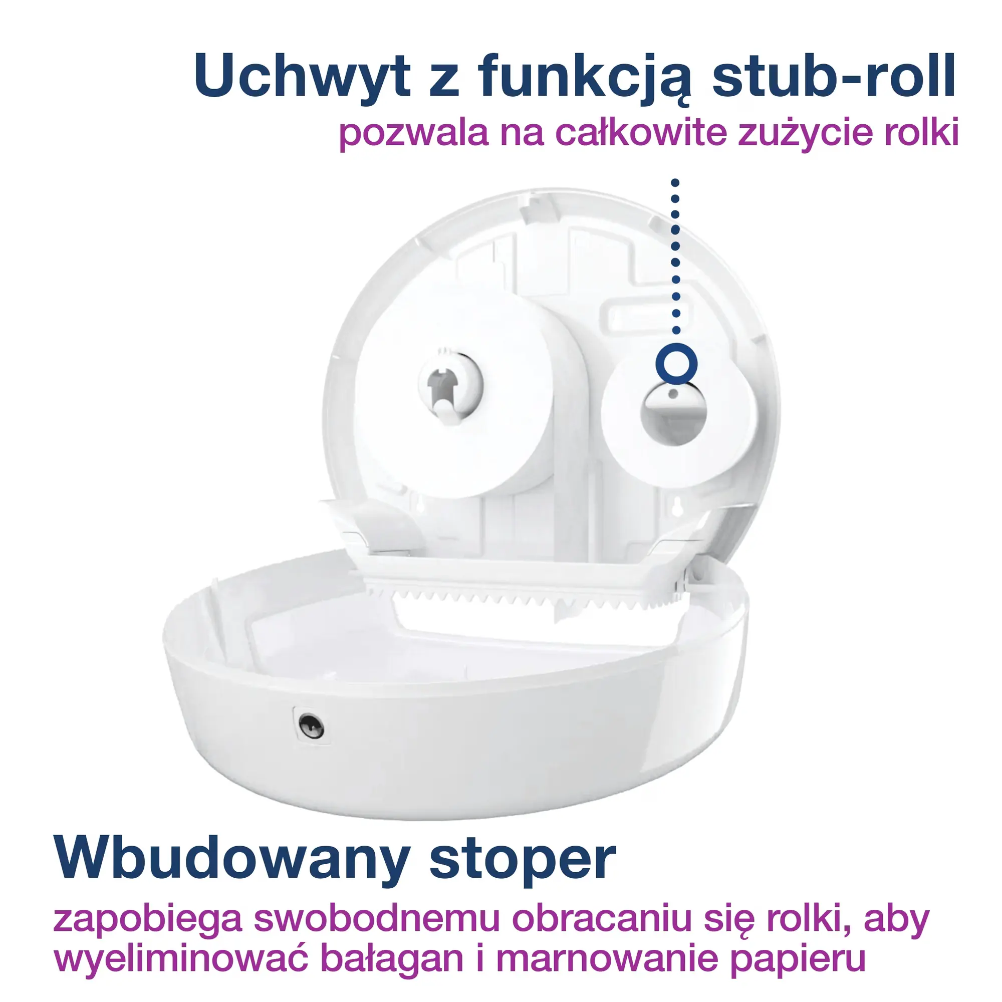 Dozownik na papier toaletowy Tork mini jumbo, otwarte wnętrze z uchwytem stub-roll i wbudowanym stoperem