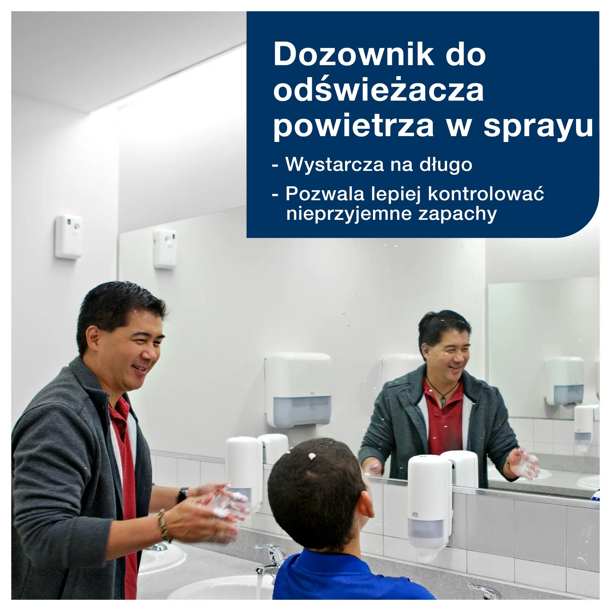 Tork dozownik do odświeżaczy powietrza w sprayu A1, widok na dozowniki zamontowane w publicznej toalecie