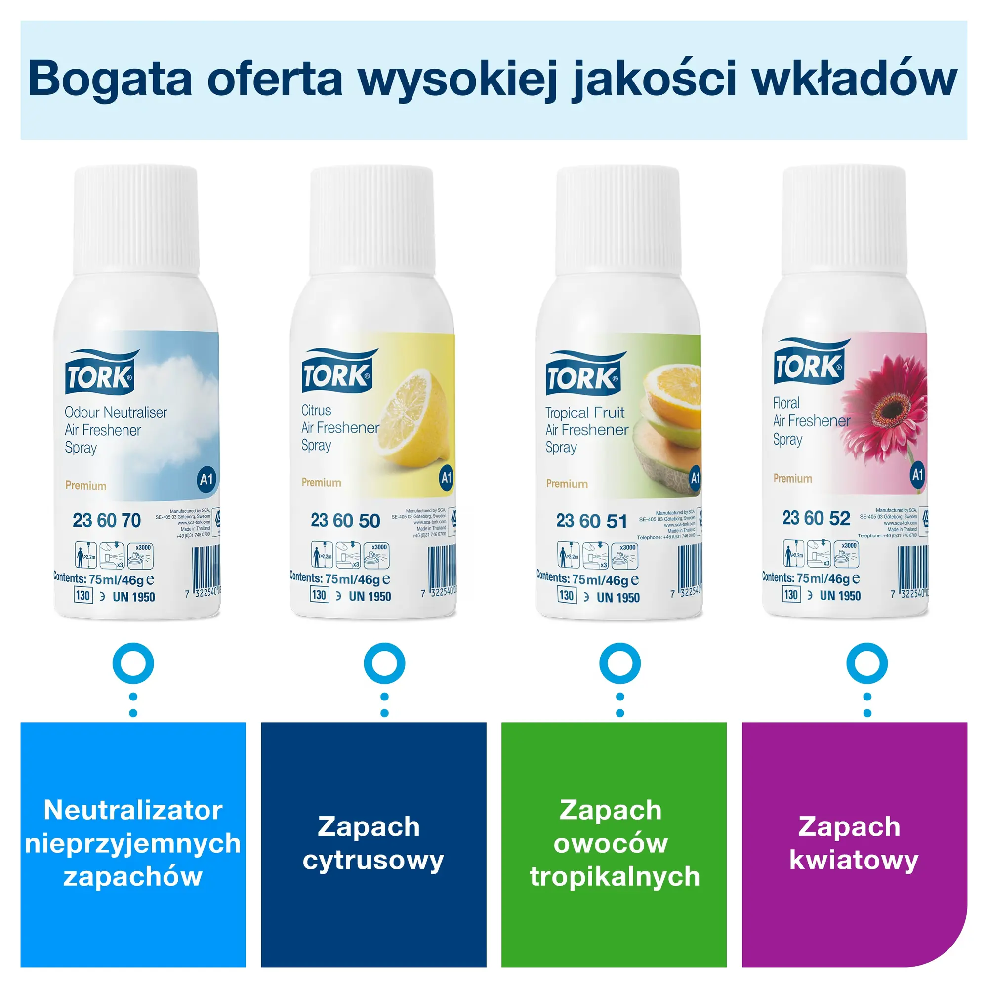 Tork dozownik do odświeżaczy powietrza w sprayu A1, cztery rodzaje wkładów zapachowych: neutralny, cytrus, owoc, kwiat