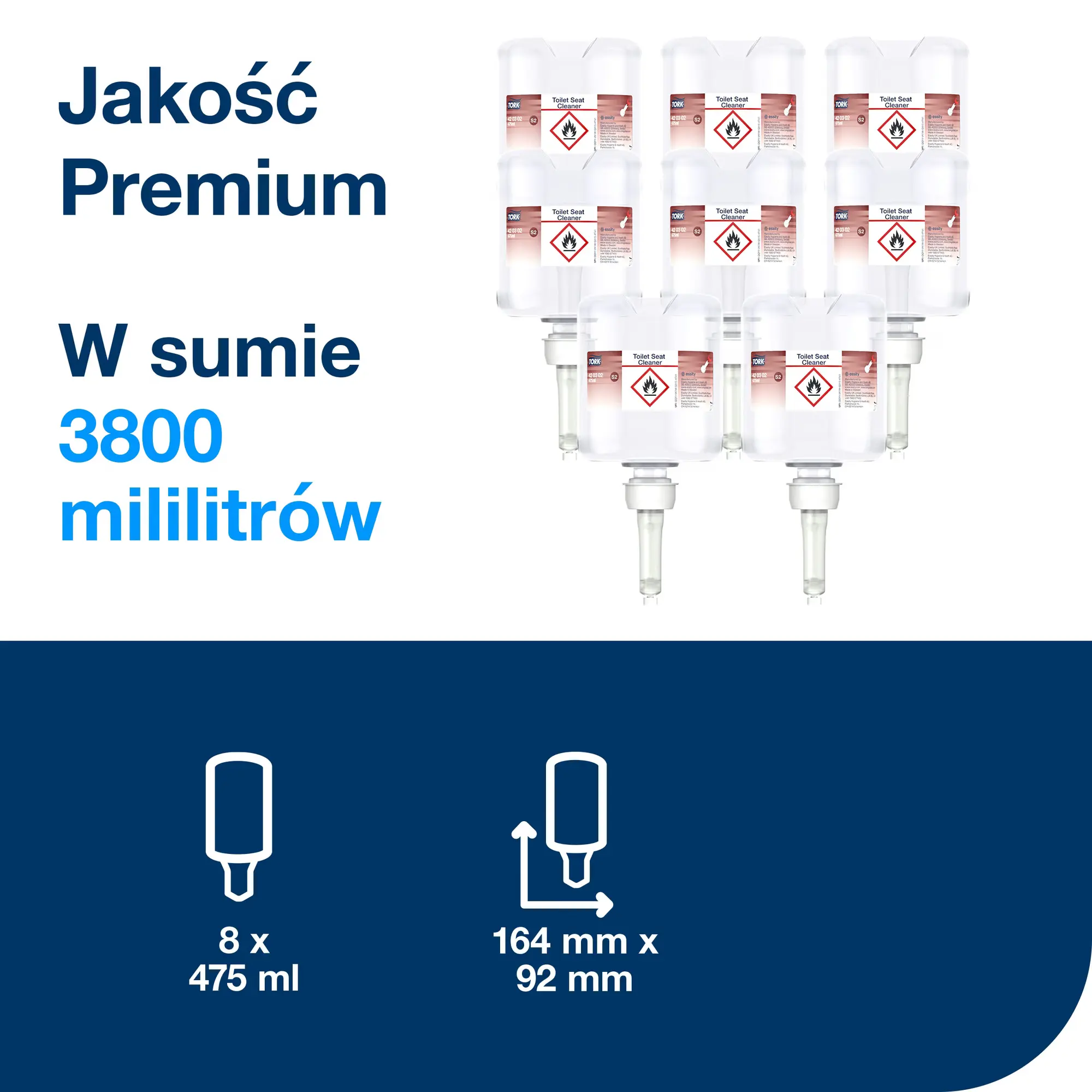 Tork płyn do czyszczenia deski sedesowej, zestaw 8 wkładów o łącznej pojemności 3800 ml i wymiary produktu