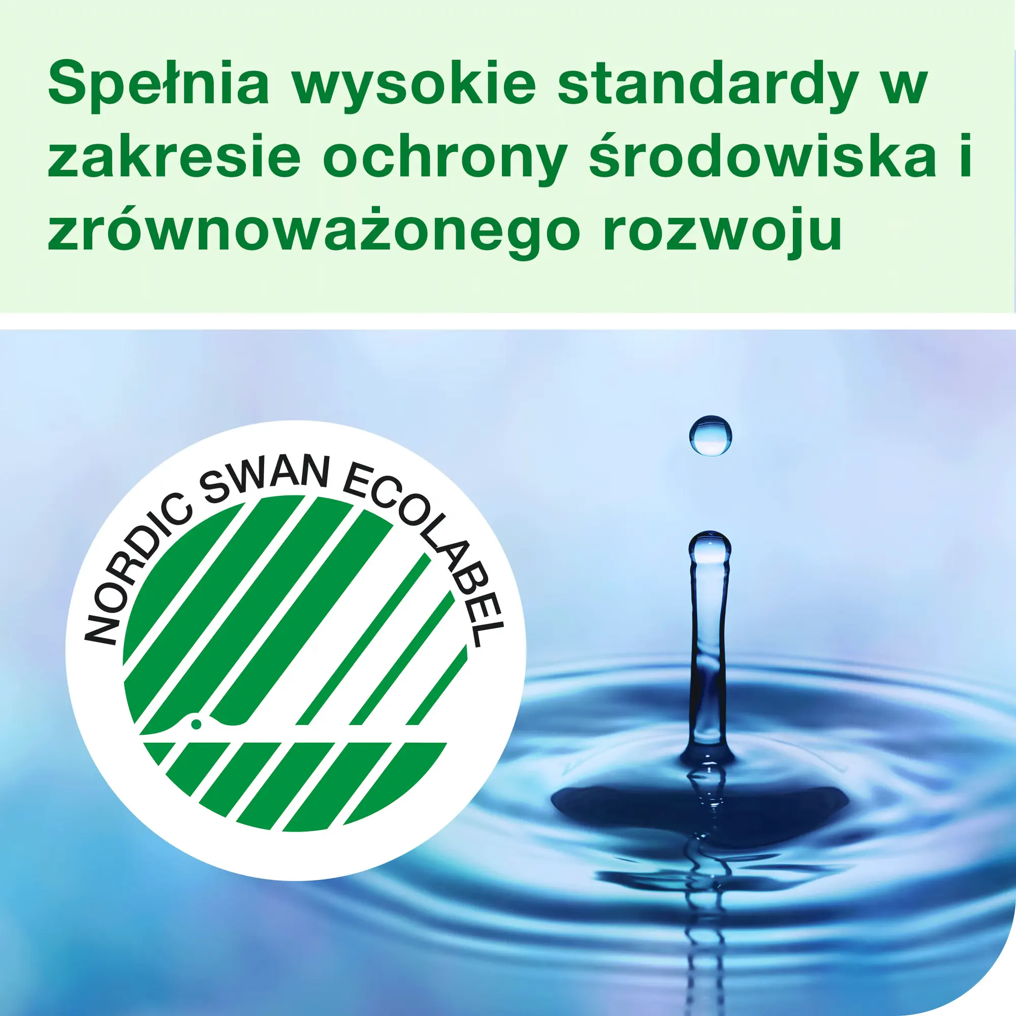 Tork przemysłowe mydło w płynie S1, certyfikat Nordic Swan Ecolabel na tle kropli wody