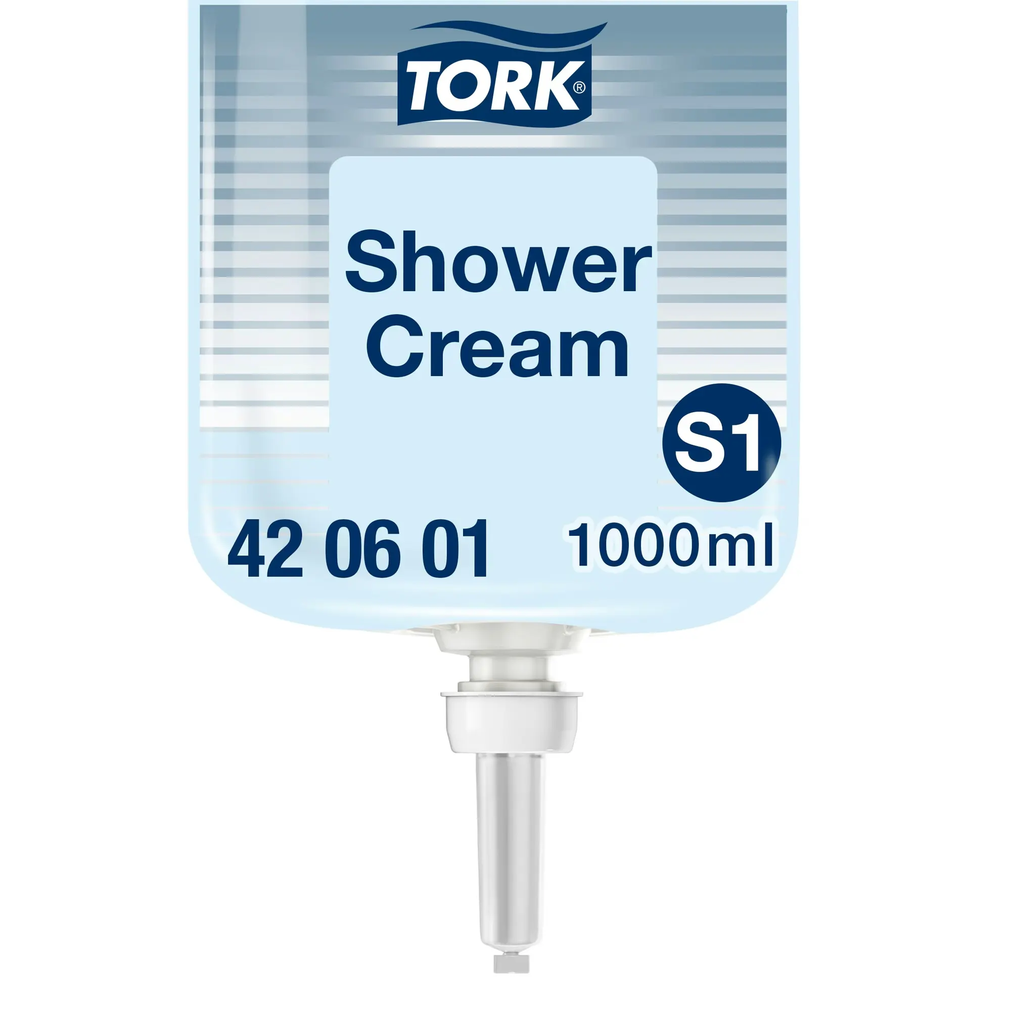 Tork kremowy żel pod prysznic S1 420601, zbliżenie na etykietę wkładu Shower Cream 1000ml
