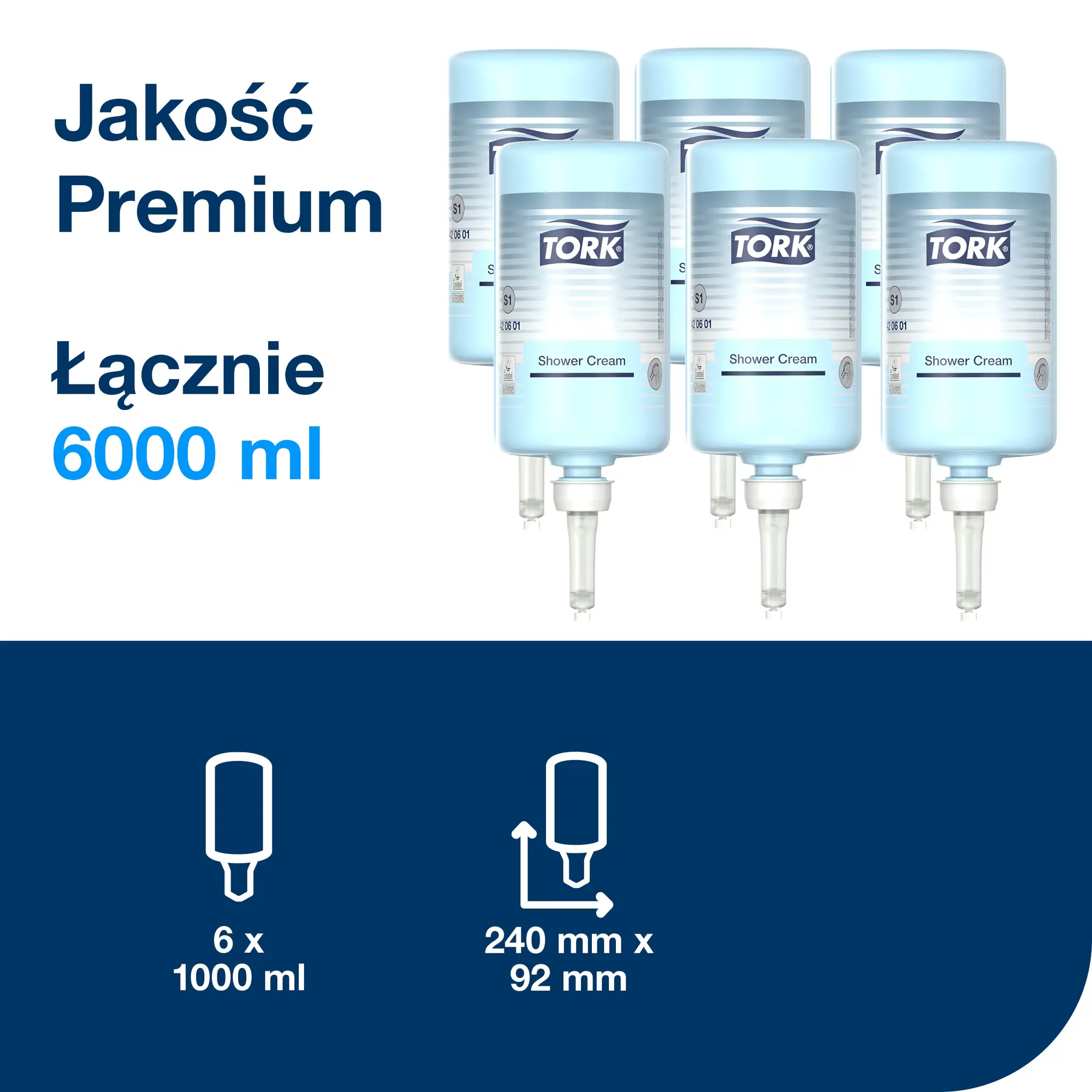 Tork kremowy żel pod prysznic S1, grafika przedstawiająca 6 wkładów o łącznej pojemności 6000 ml