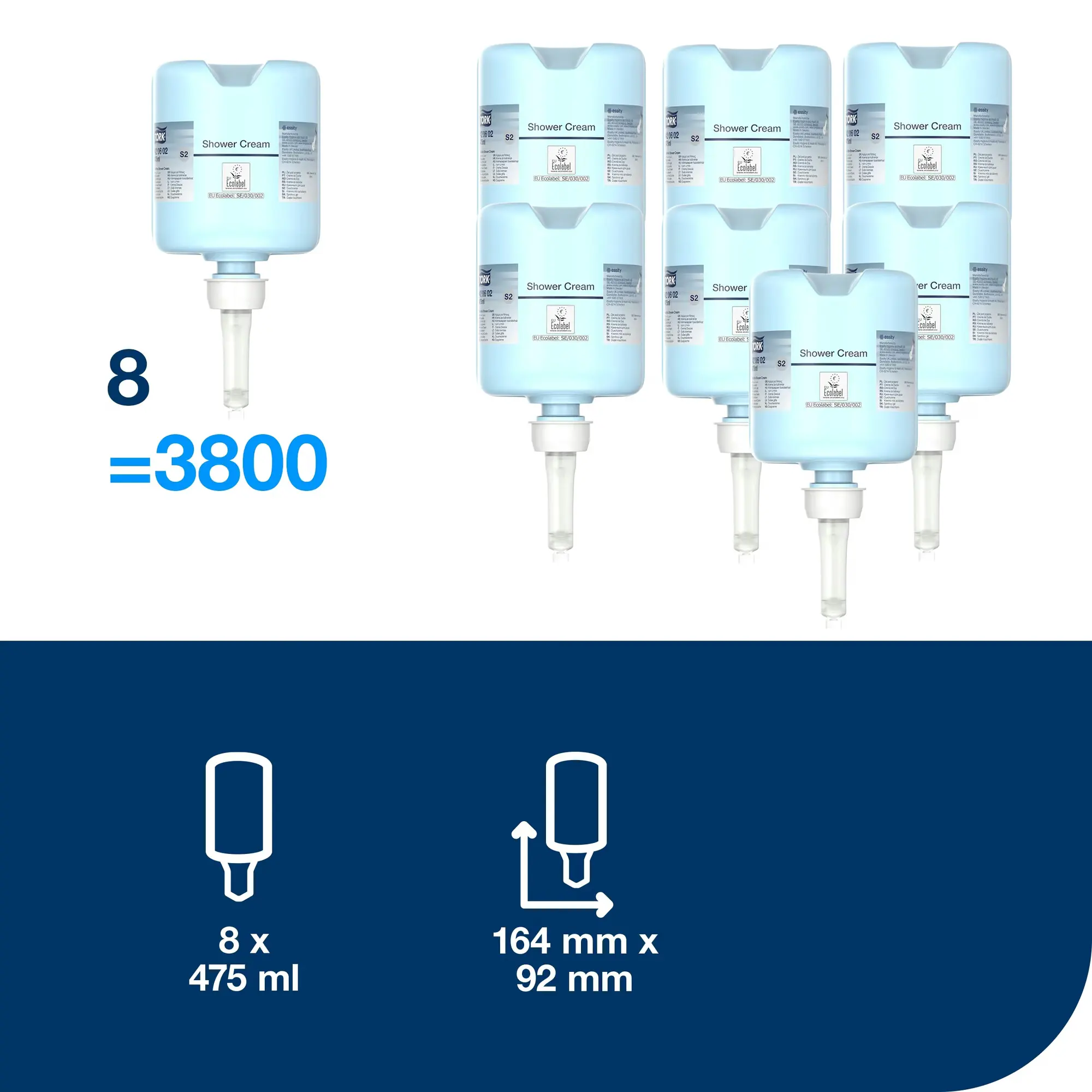 Tork Mini kremowy żel pod prysznic, wymiary wkładu 164x92 mm oraz informacja o wydajności 8 sztuk