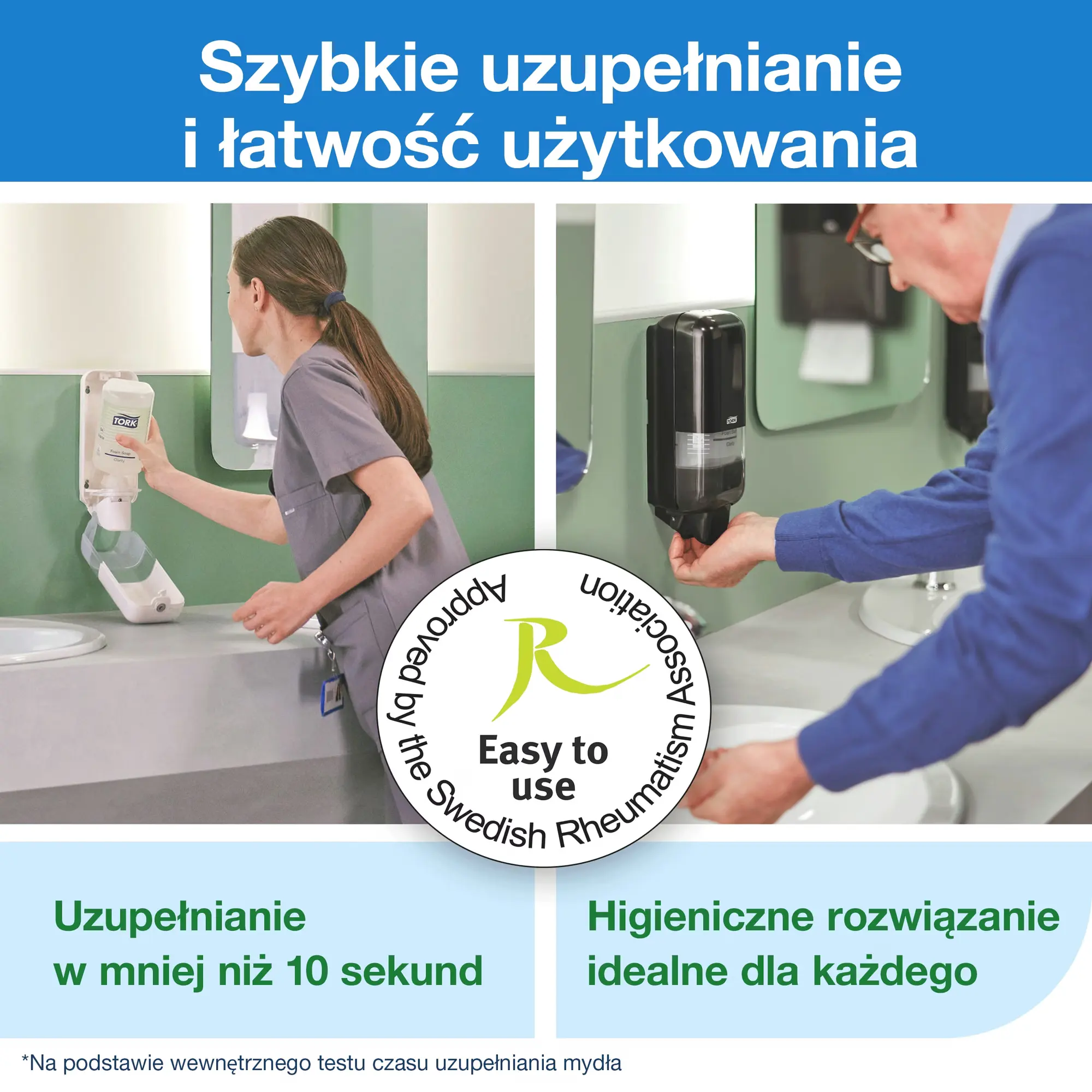 Tork przemysłowe mydło w płynie S1, proces wymiany wkładu w dozowniku i certyfikat Easy to Use
