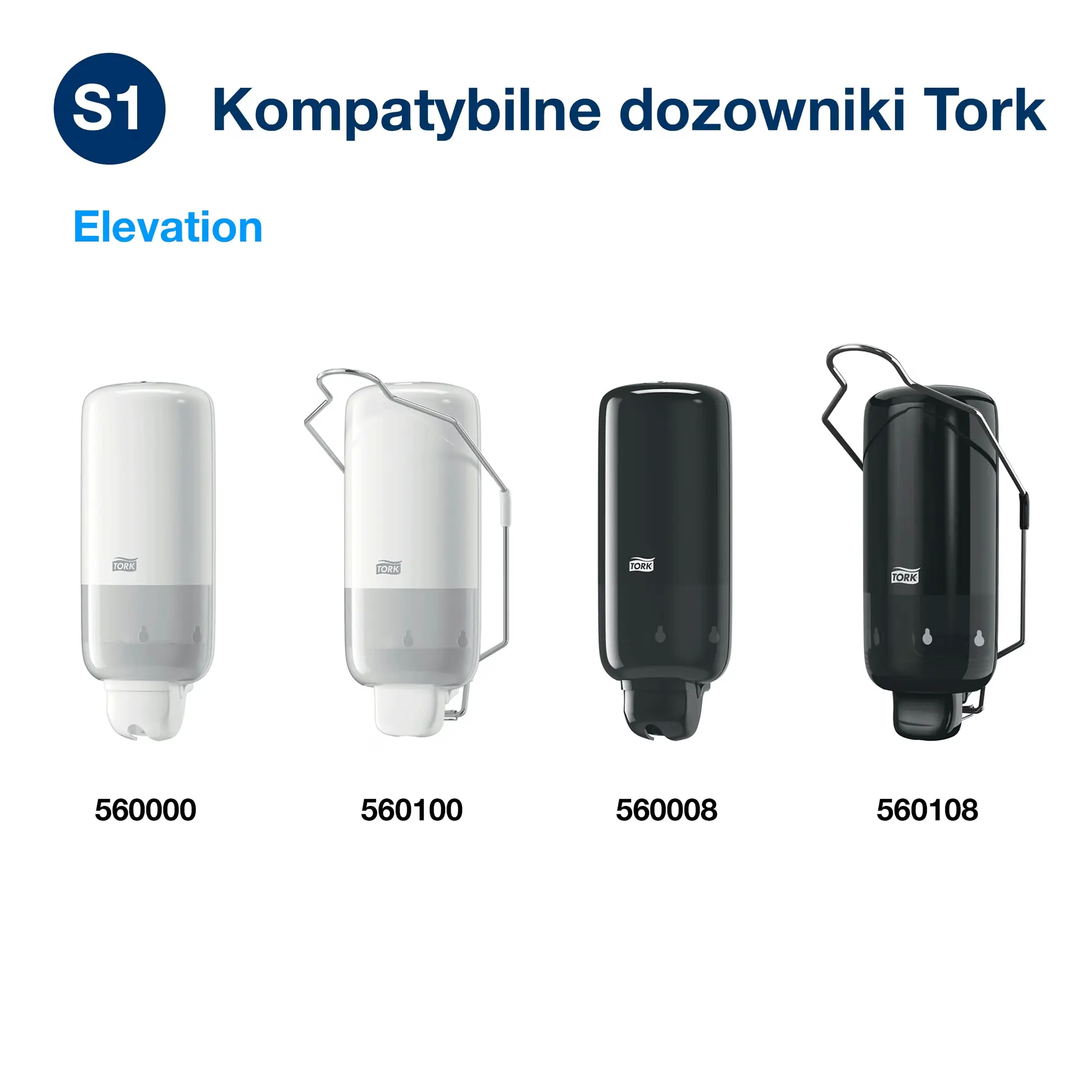Tork delikatnie perfumowane mydło w płynie S1, cztery kompatybilne dozowniki Elevation białe i czarne