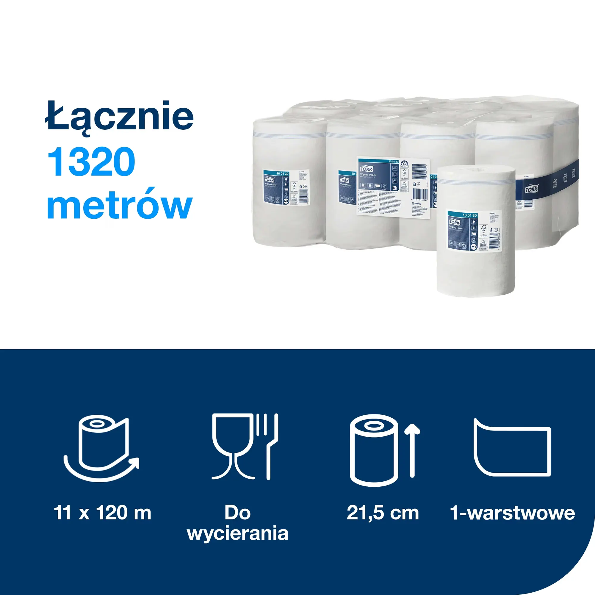 Czyściwo papierowe Tork M1, specyfikacja techniczna 1320 metrów i ikony właściwości produktu