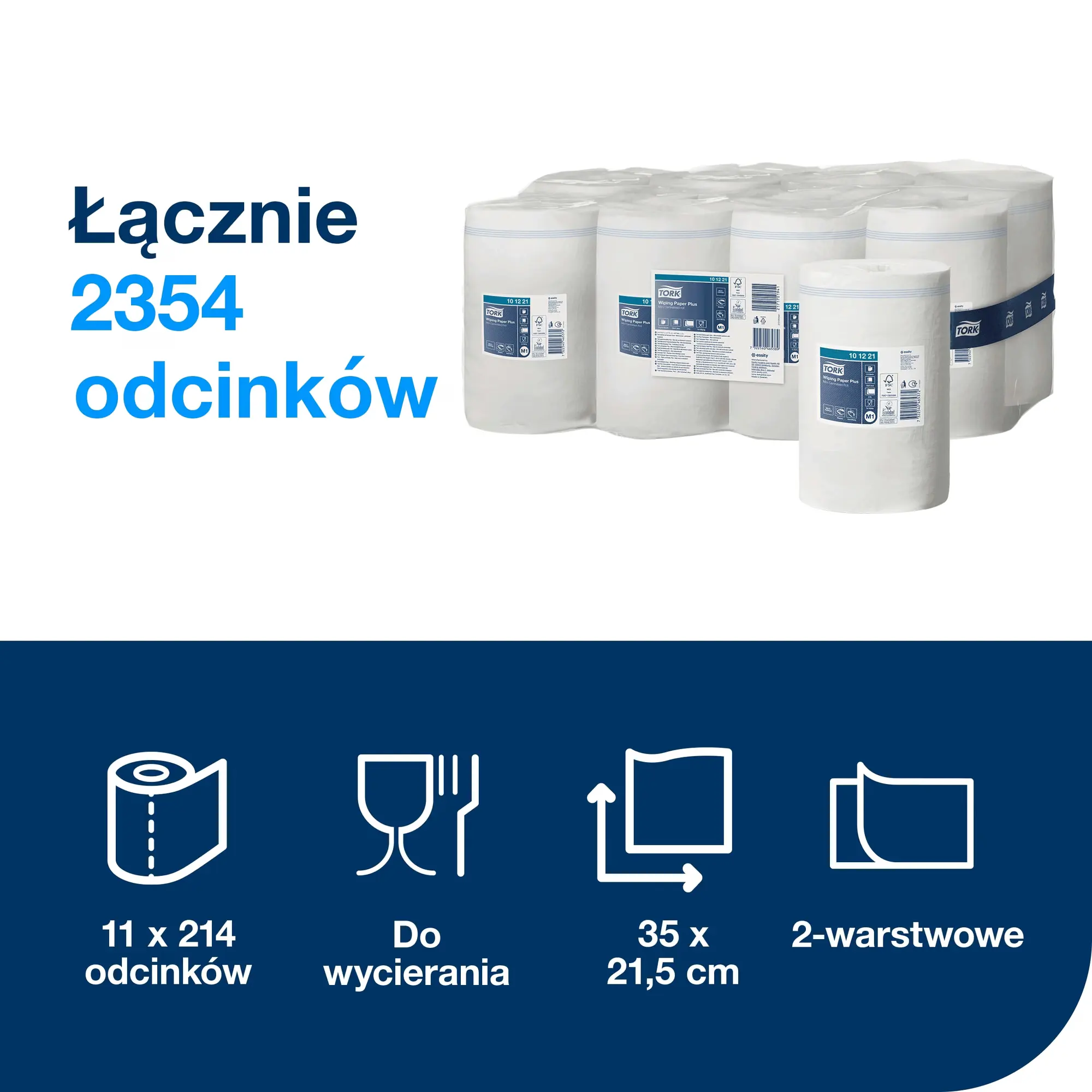 Czyściwo papierowe Tork Plus w rolce Mini M1, specyfikacja techniczna 2354 odcinków i wymiary listka