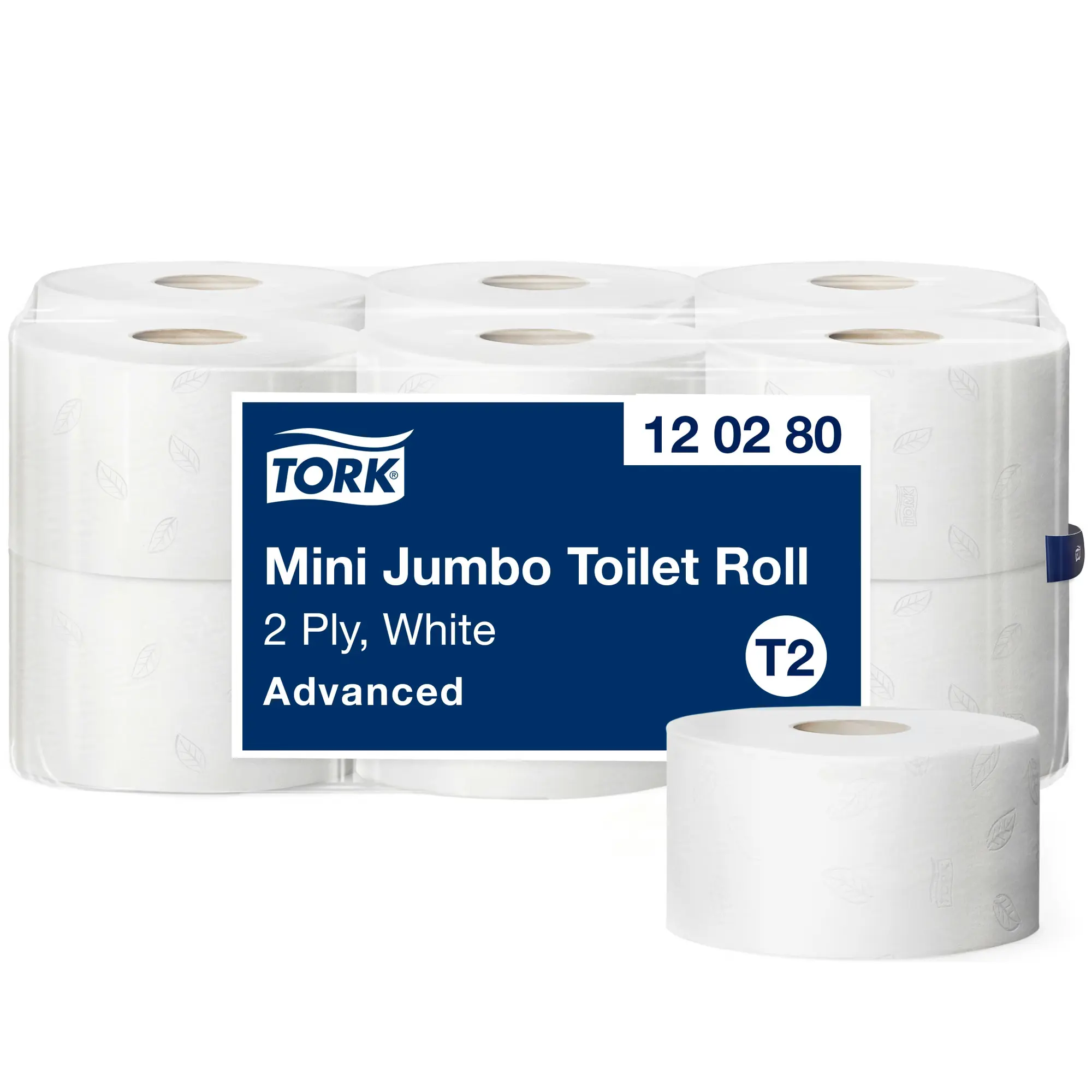 Papier toaletowy Tork Mini Jumbo T2, białe rolki w folii ochronnej z etykietą Advanced