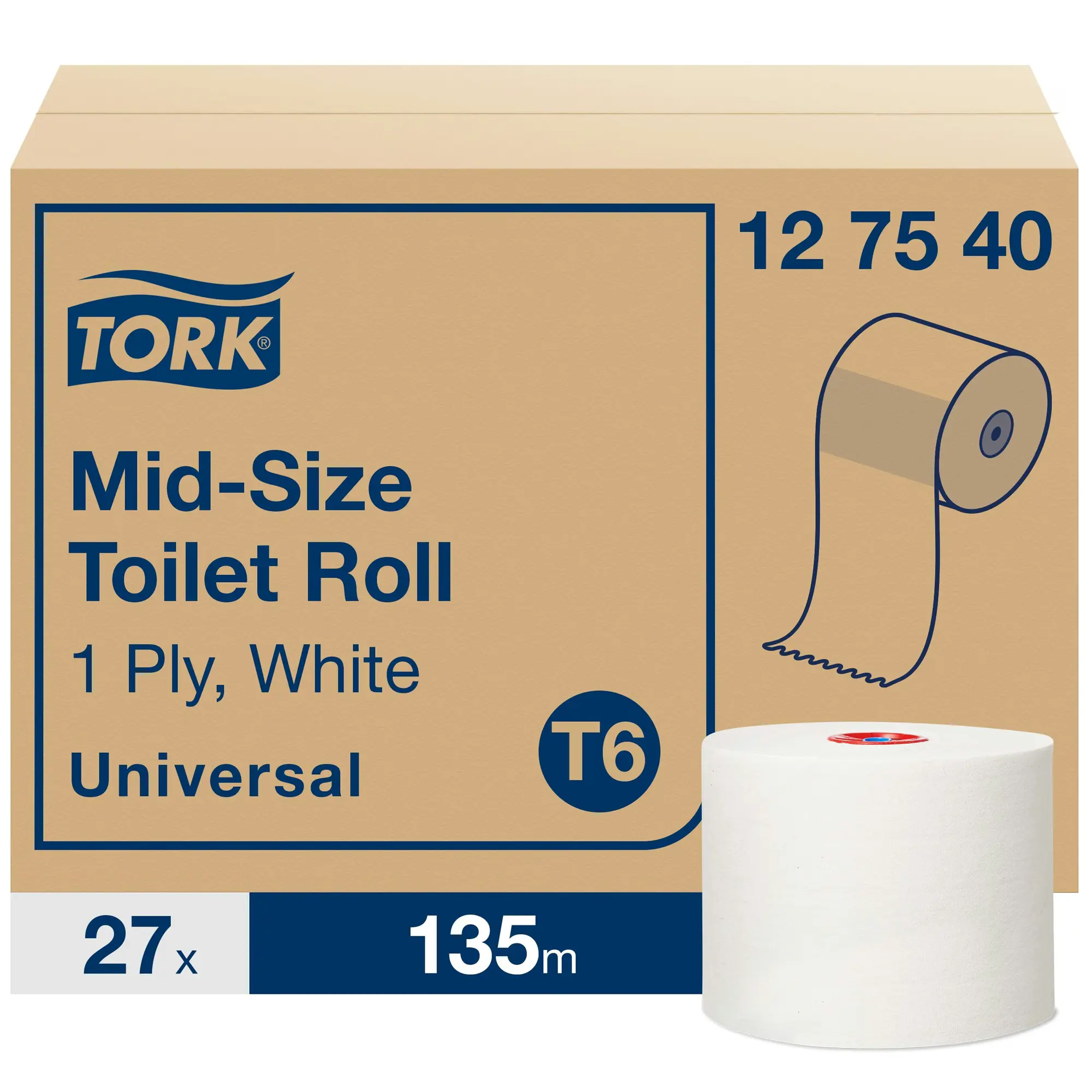 Tork Mid-size papier toaletowy, biała rolka na tle zbiorczego kartonu T6 Universal