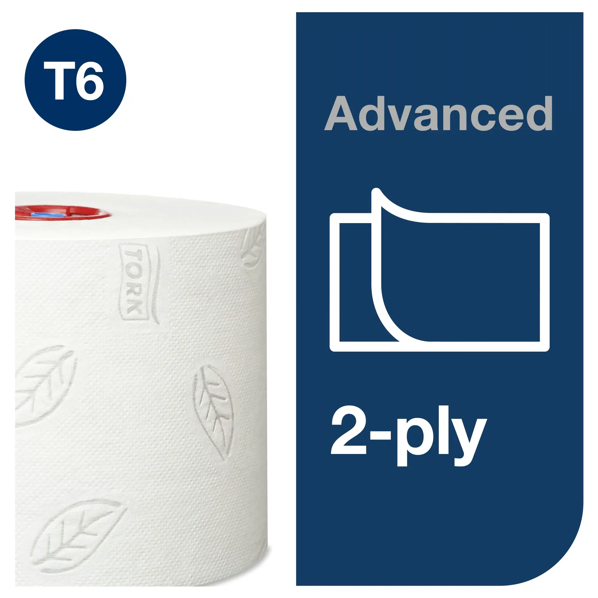Tork Mid-size papier toaletowy, 2-warstwowy, detal białej rolki z tłoczeniem w kształcie liścia