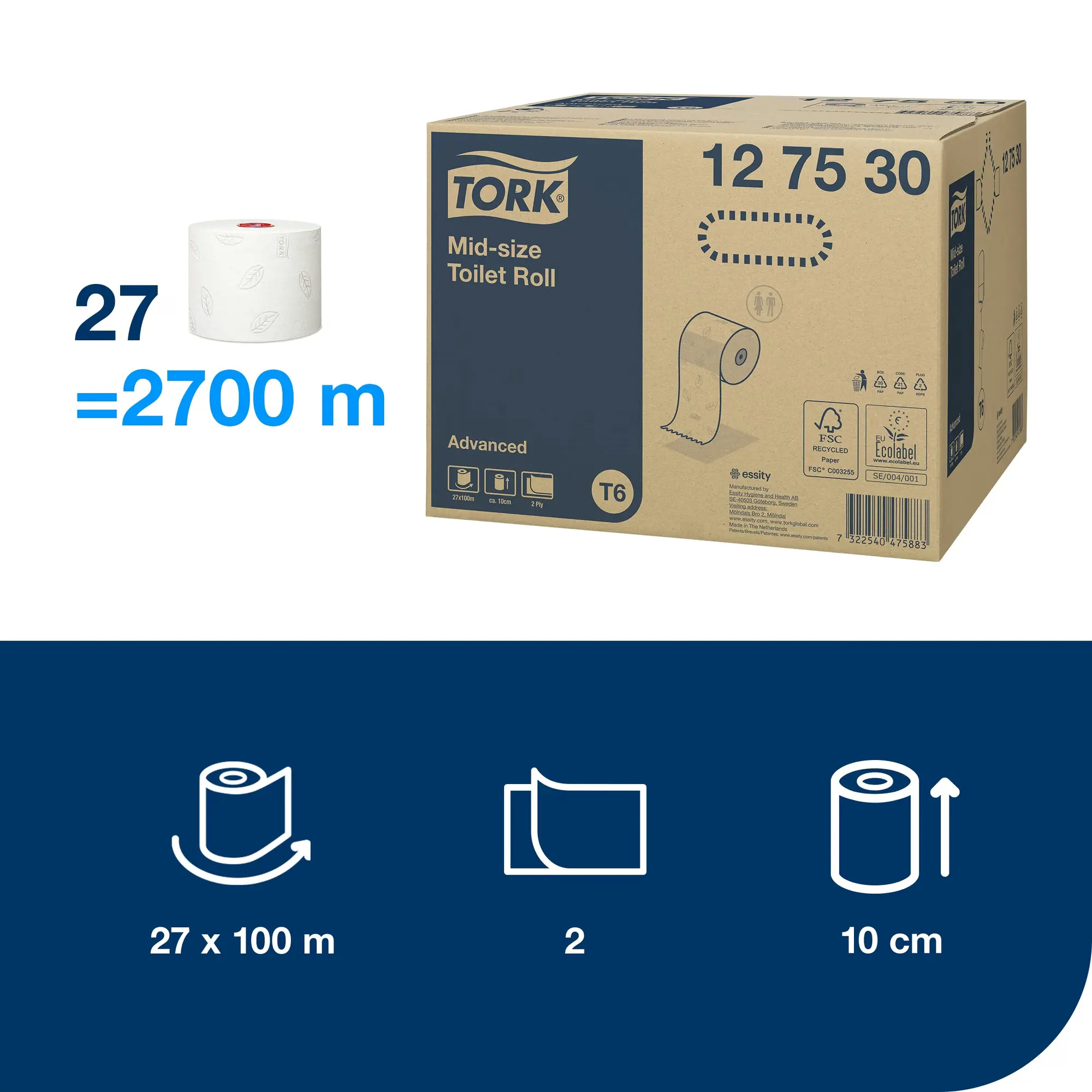 Tork Mid-size papier toaletowy, 2-warstwowy, infografika pokazująca 27 rolek o łącznej długości 2700 metrów