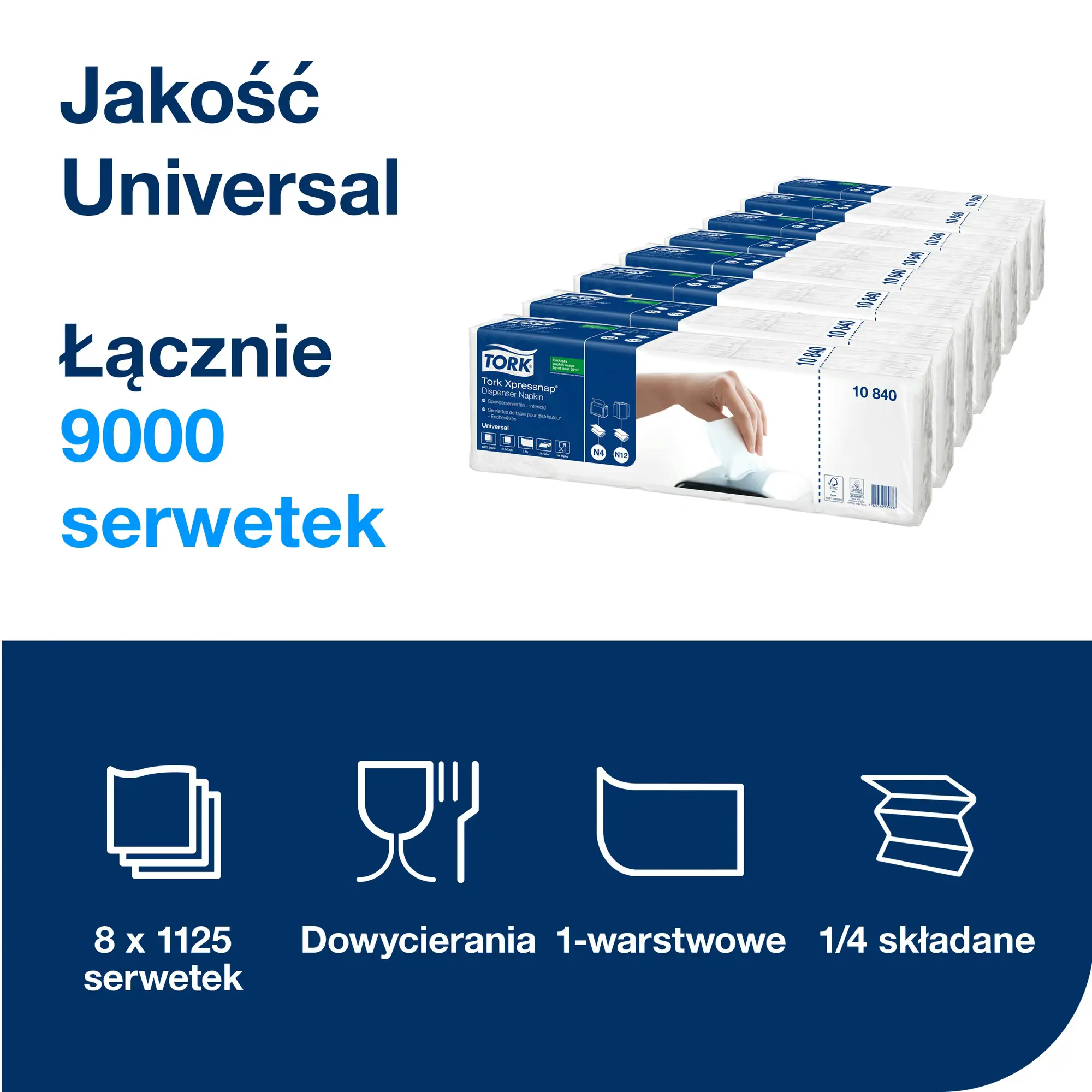 Serwetki Tork Xpressnap® N4 10840, opakowanie zbiorcze 8 paczek po 1125 sztuk, łącznie 9000 serwetek