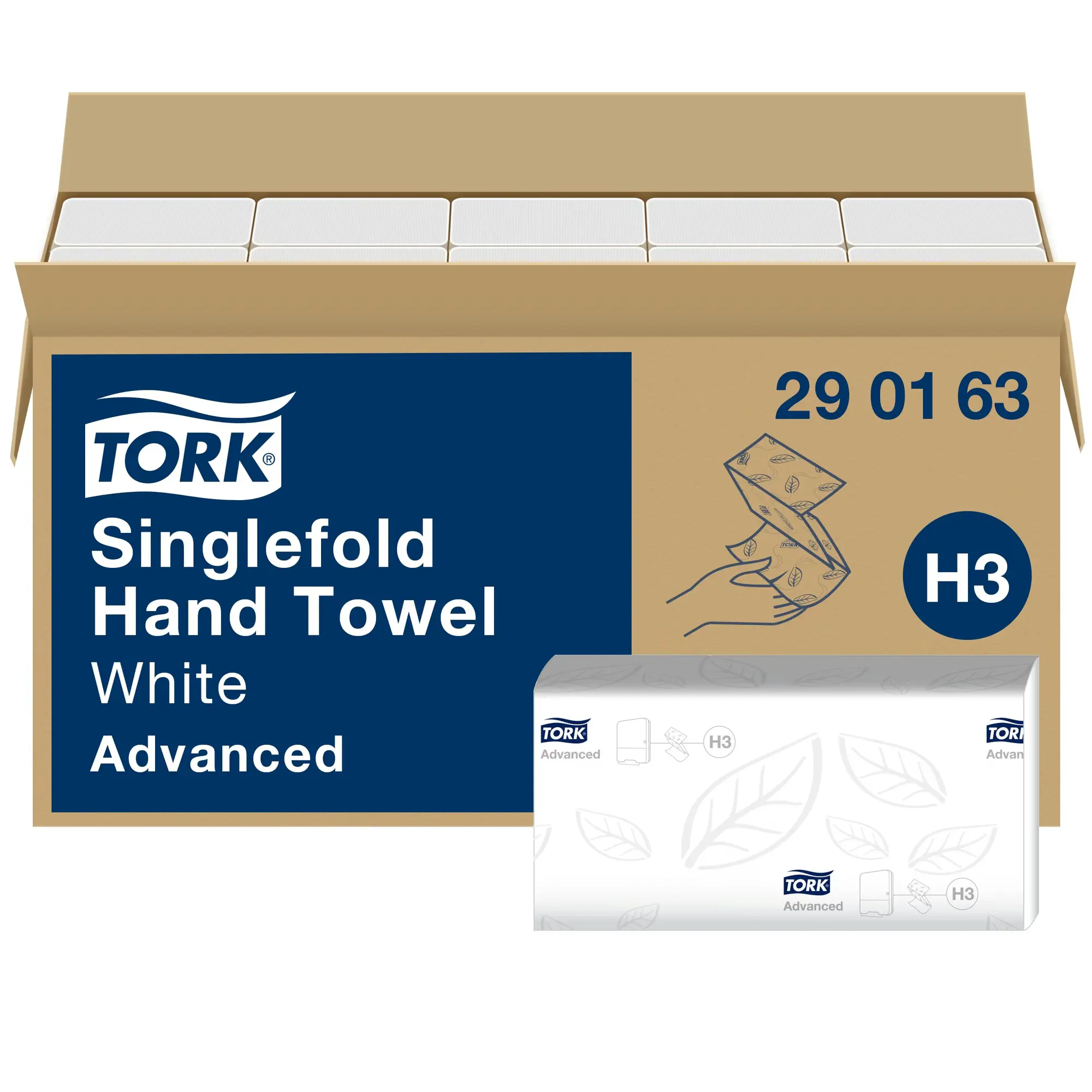 Tork Singlefold miękki ręcznik (w składce ZZ), zbliżenie na pojedynczą bindę ręczników z logo Tork Advanced