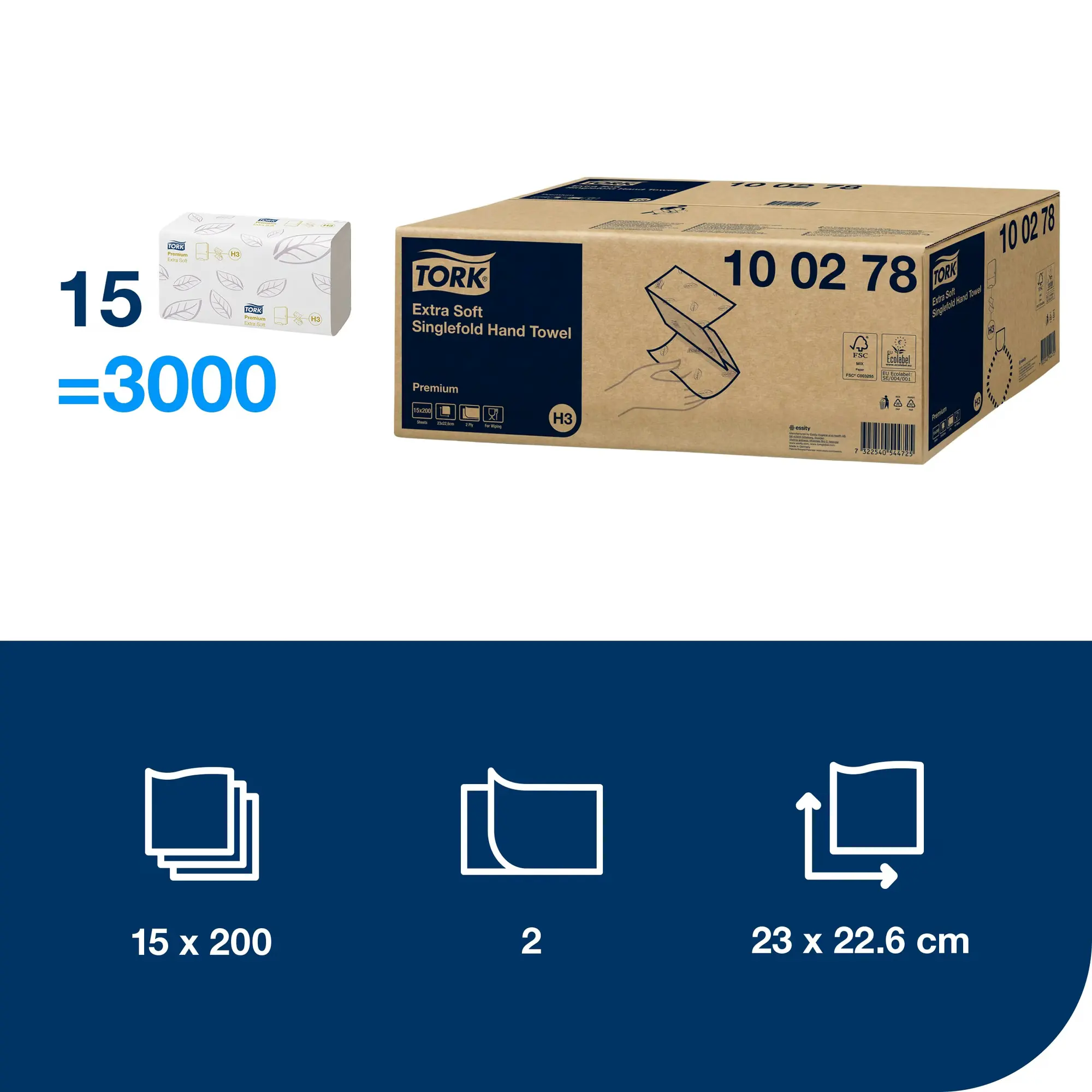 Tork Singlefold/C-fold ekstramiekki ręcznik, specyfikacja techniczna 3000 listków o wymiarach 23 na 22.6 cm