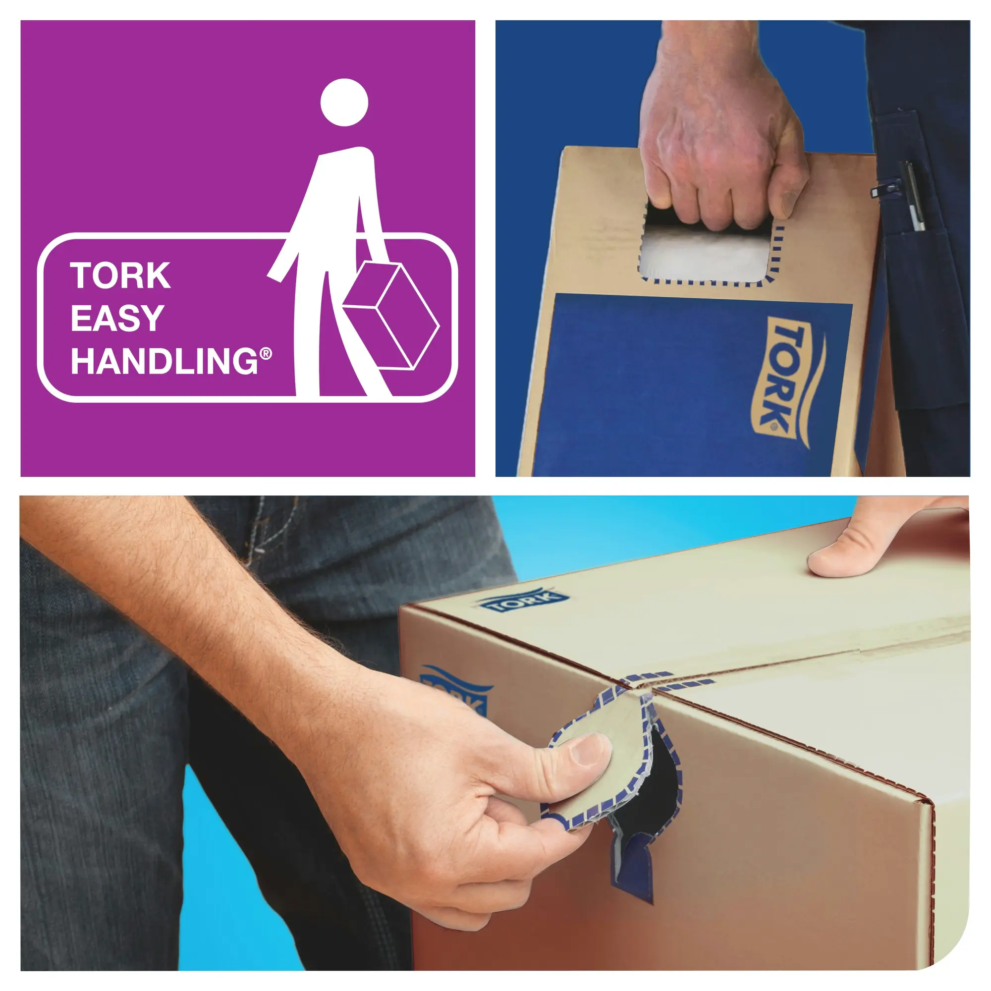 Tork Matic® ekstra miękki ręcznik w roli, system Tork Easy Handling ułatwiający przenoszenie i otwieranie kartonu