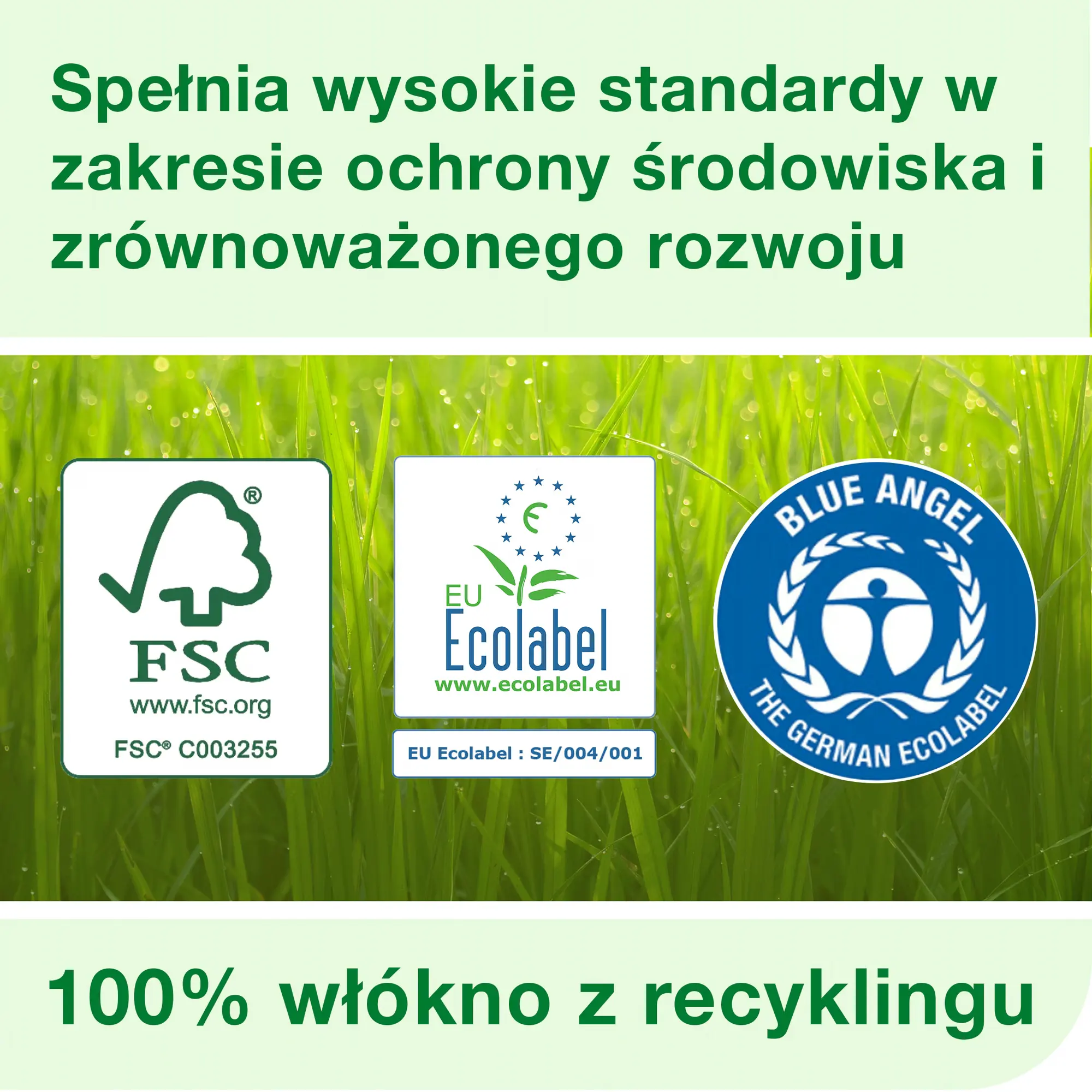 Tork miękki papier toaletowy w rolce konwencjonalnej, certyfikaty FSC EU Ecolabel i Blue Angel na tle zielonej trawy