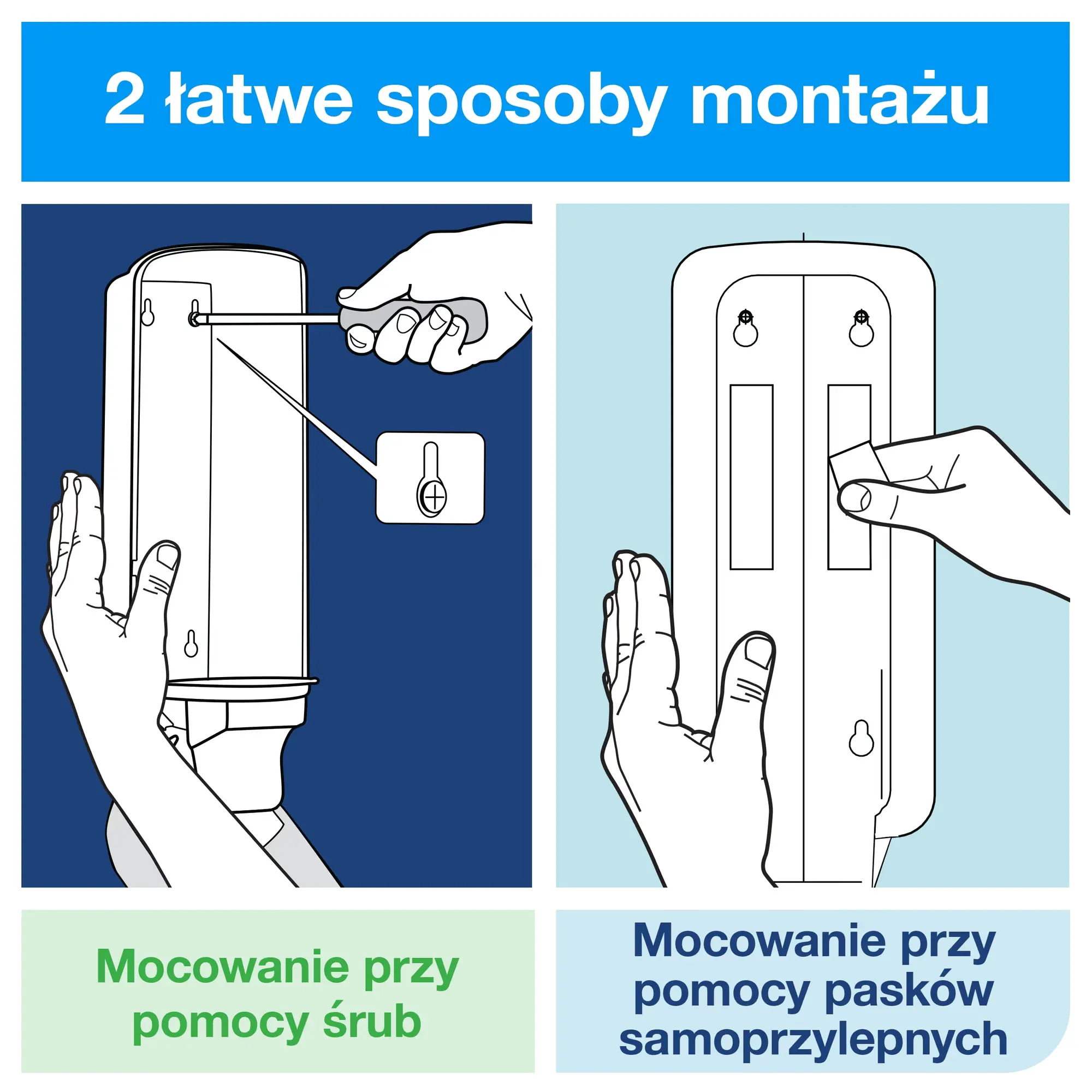 Tork dozownik do mydła S4 460010, schemat montażu na śruby oraz paski samoprzylepne