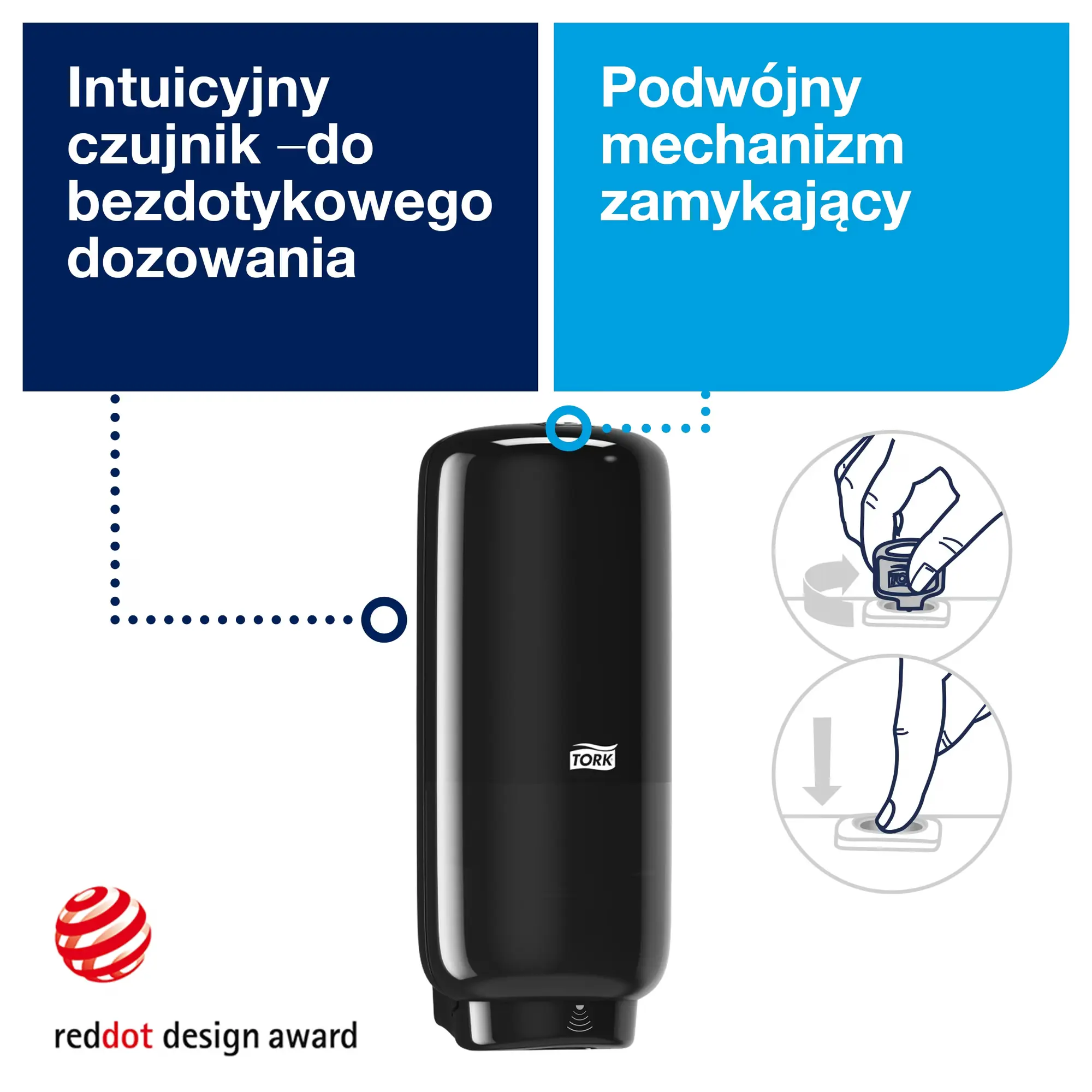 Tork bezdotykowy dozownik do mydła Elevation S4, opis czujnika i mechanizmu zamykającego