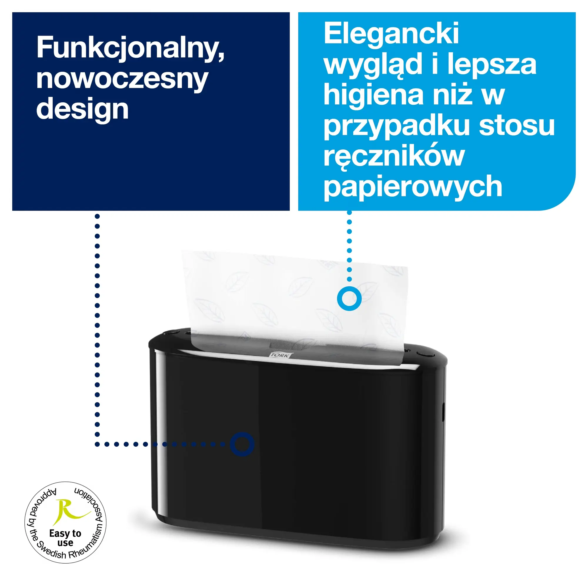 Tork Xpress nablatowy dozownik do ręczników Multifold czarny, zbliżenie na pojedyncze dozowanie ręcznika z logo Tork