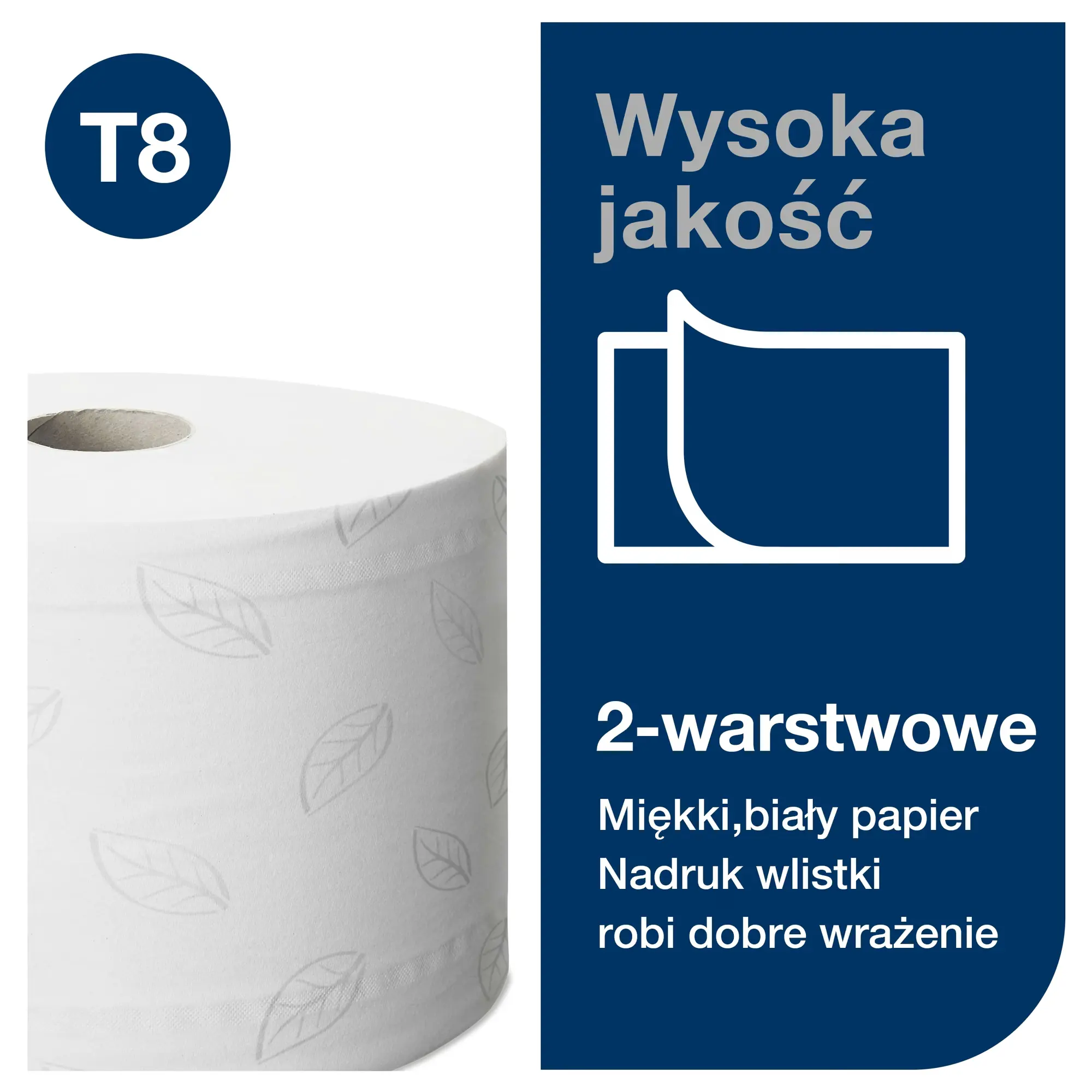 Papier toaletowy Tork SmartOne T8, zbliżenie na miękką strukturę papieru z nadrukiem listka