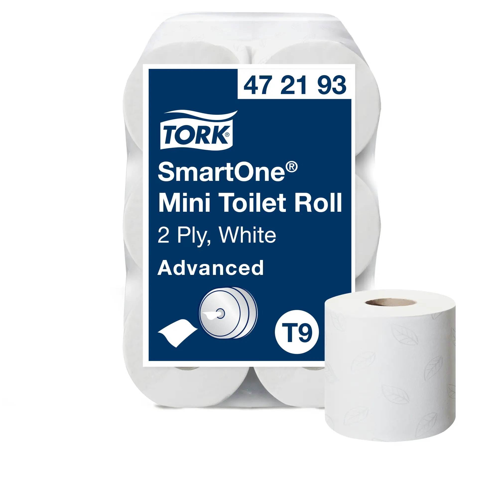 Papier toaletowy Tork SmartOne® Mini T9, zbliżenie na białą rolkę z tłoczeniem i etykietę produktu