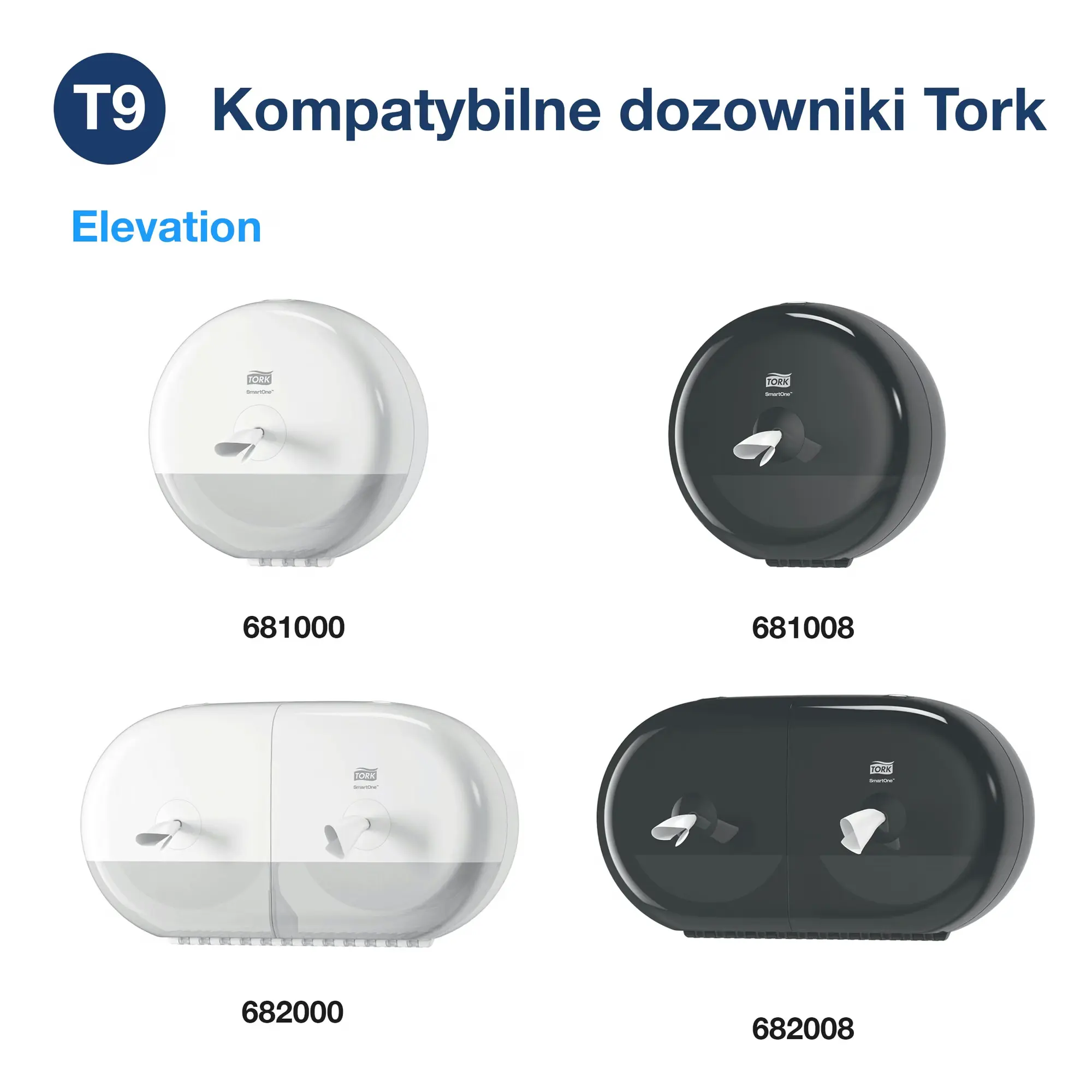 Papier toaletowy Tork SmartOne® Mini T9, zestawienie kompatybilnych dozowników Elevation białych i czarnych