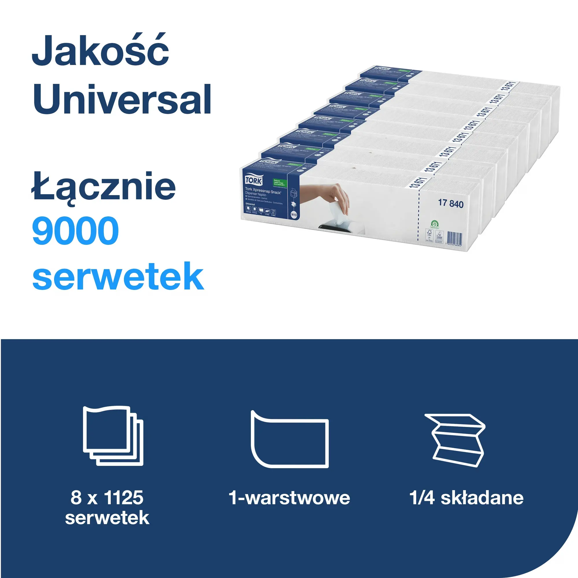 Tork Xpressnap Snack® białe serwetki dyspenserowe N10, infografika pokazująca 9000 serwetek i sposób składania 1/4
