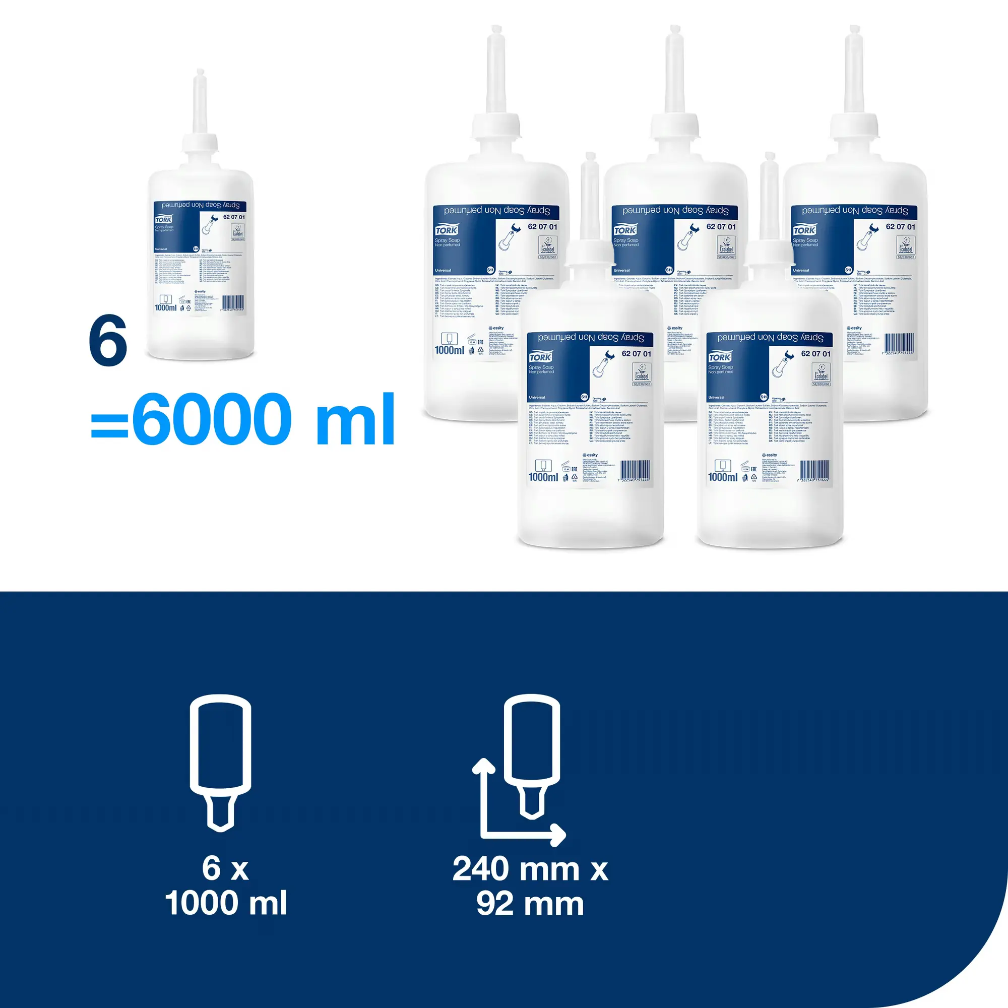 Tork bezzapachowe mydło w sprayu, zestaw 6 wkładów o łącznej pojemności 6000 ml i wymiary opakowania
