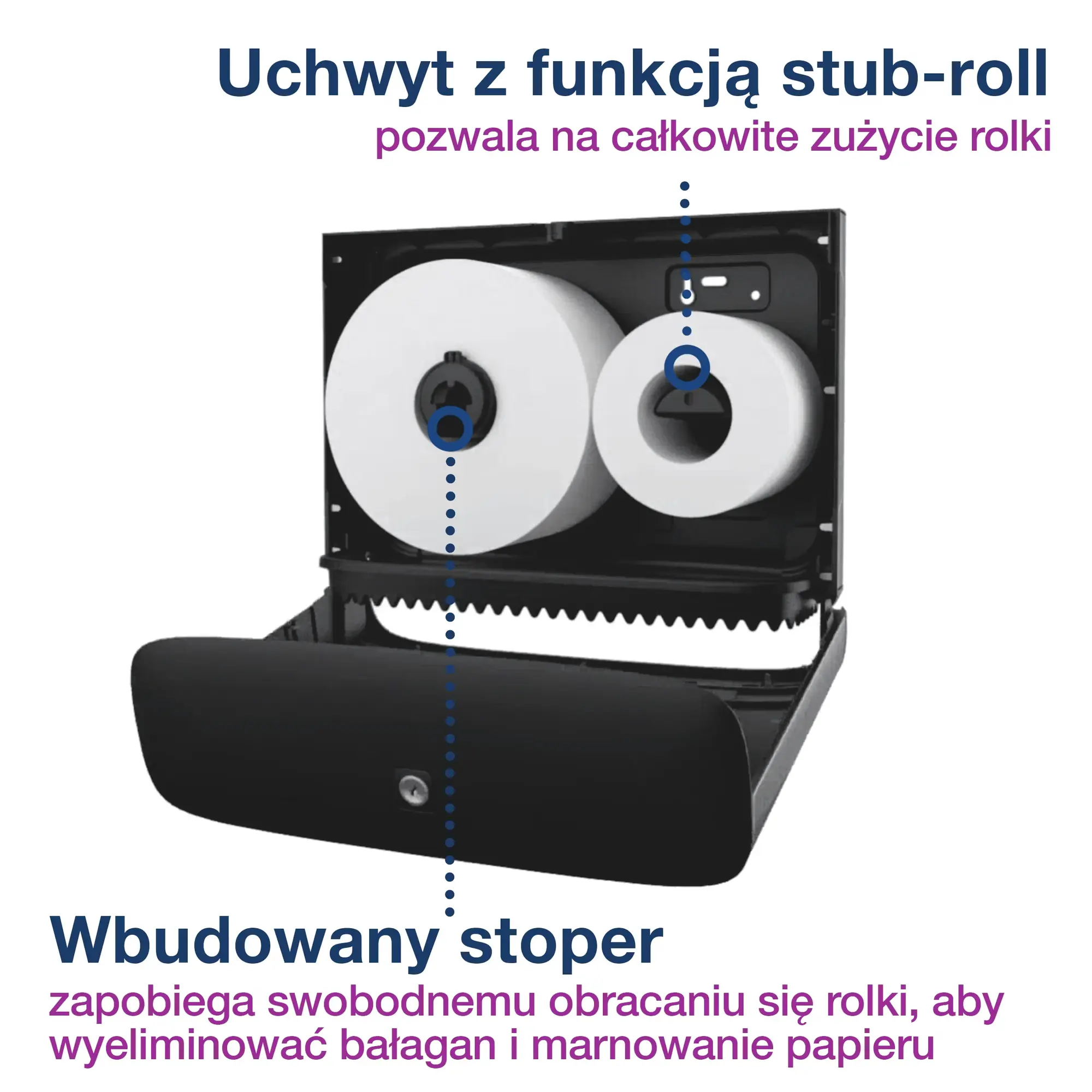 Dozownik na papier toaletowy Tork T2 Mini Jumbo, otwarte wnętrze z funkcją stub-roll i wbudowanym stoperem