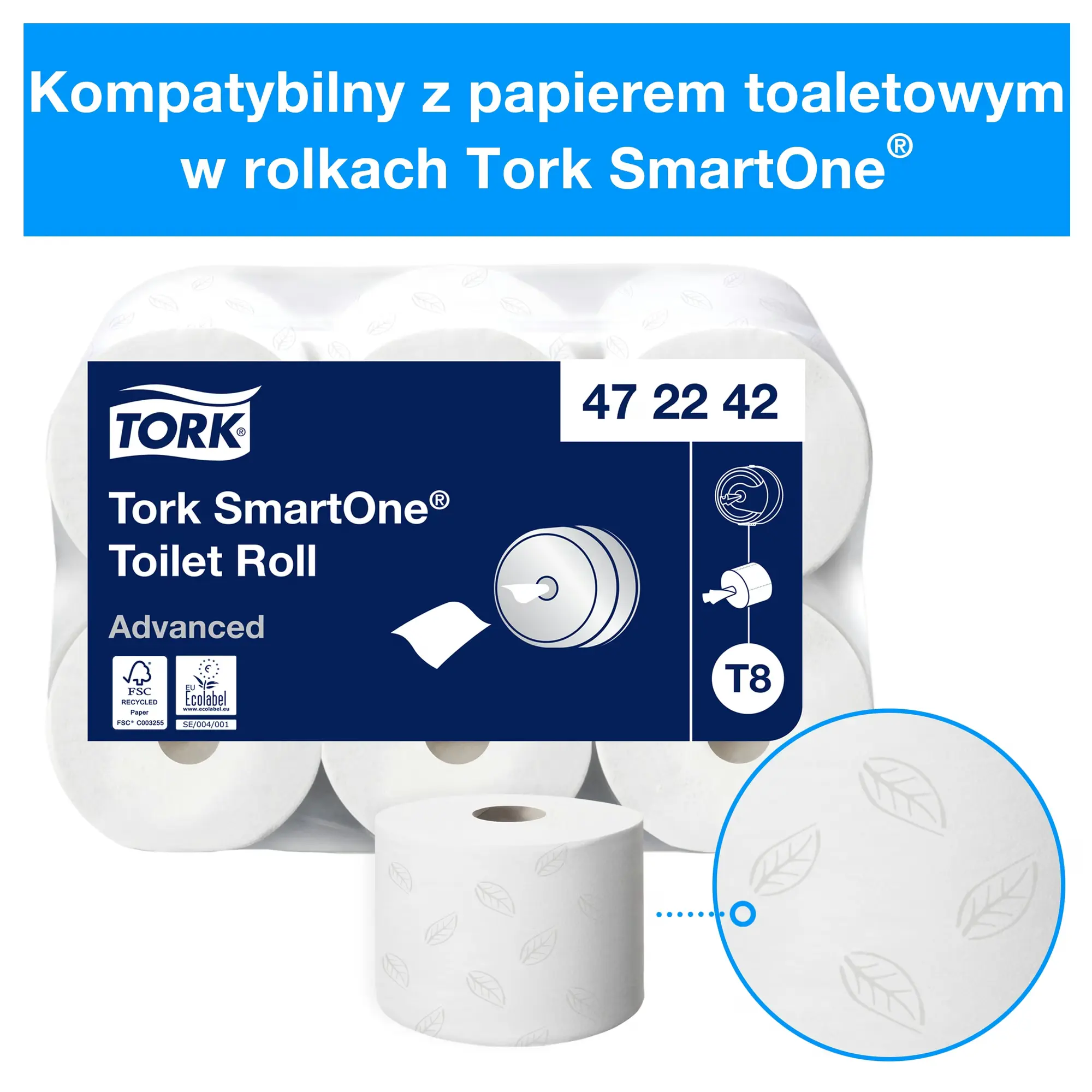 Podajnik na papier toaletowy Tork SmartOne 680000, kompatybilny papier Advanced 472242 z tłoczeniem w liście