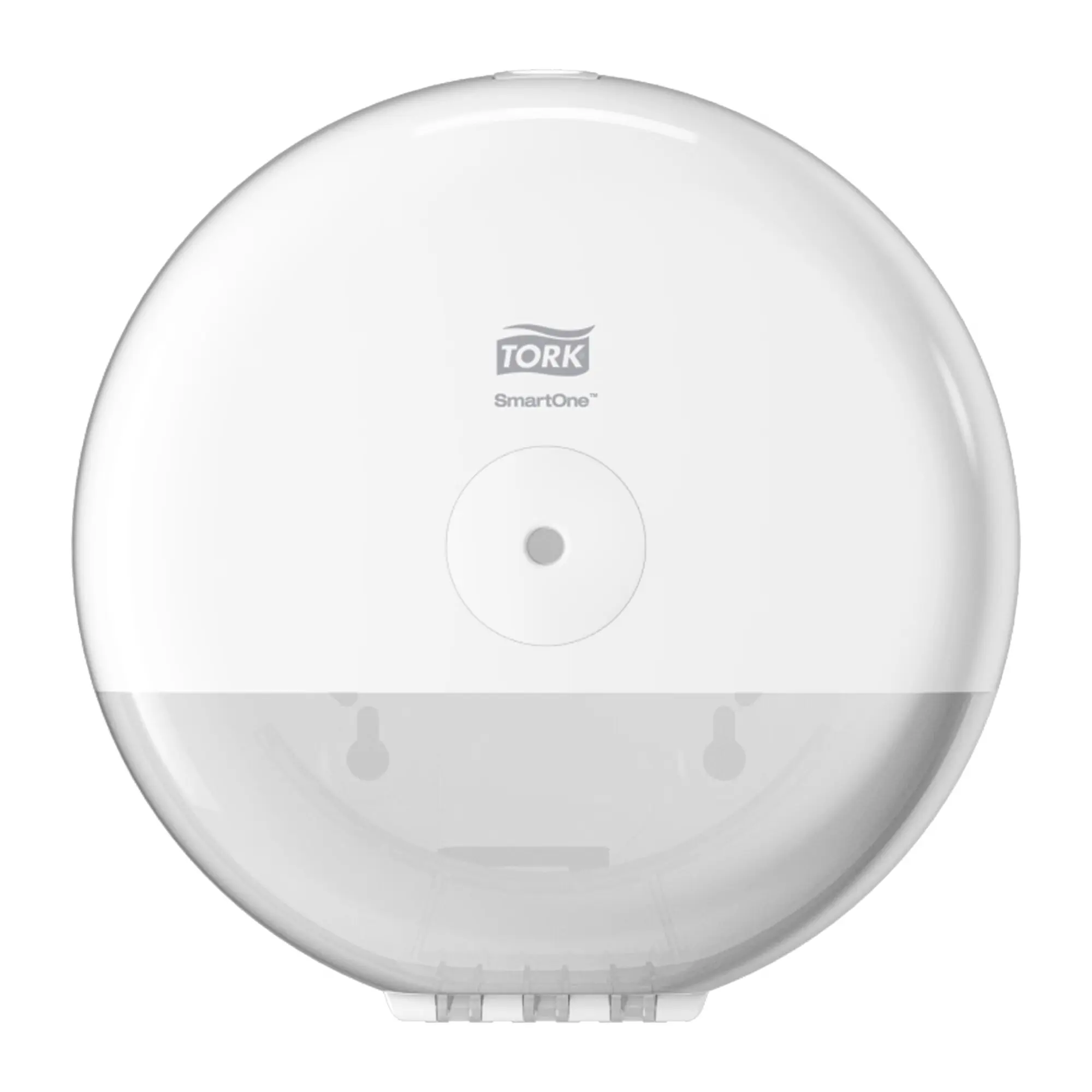 Tork SmartOne mini dozownik do papieru toaletowego, biała obudowa z logo na białym tle