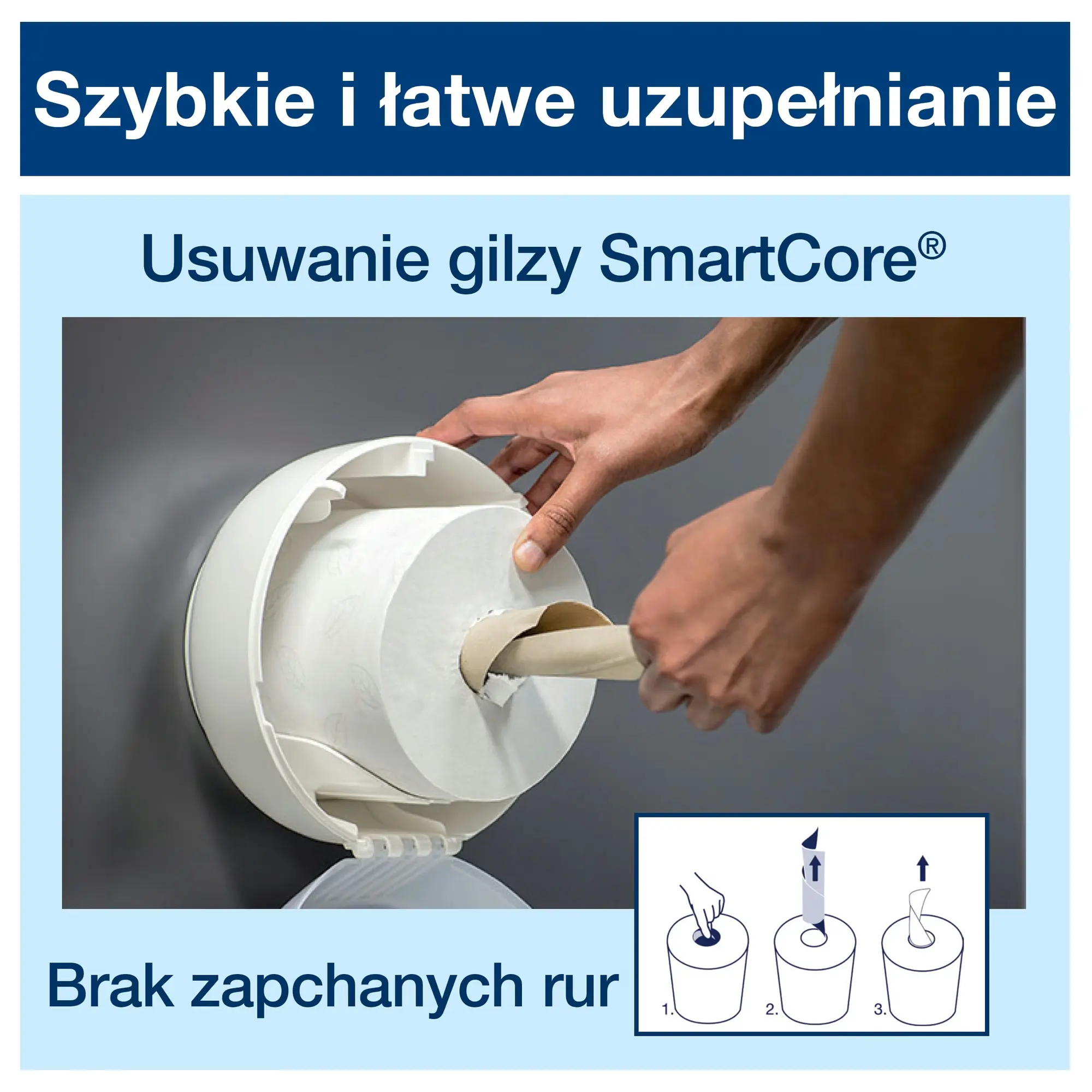 Podajnik na papier toaletowy Tork SmartOne 680000, instrukcja usuwania gilzy SmartCore z wnętrza rolki