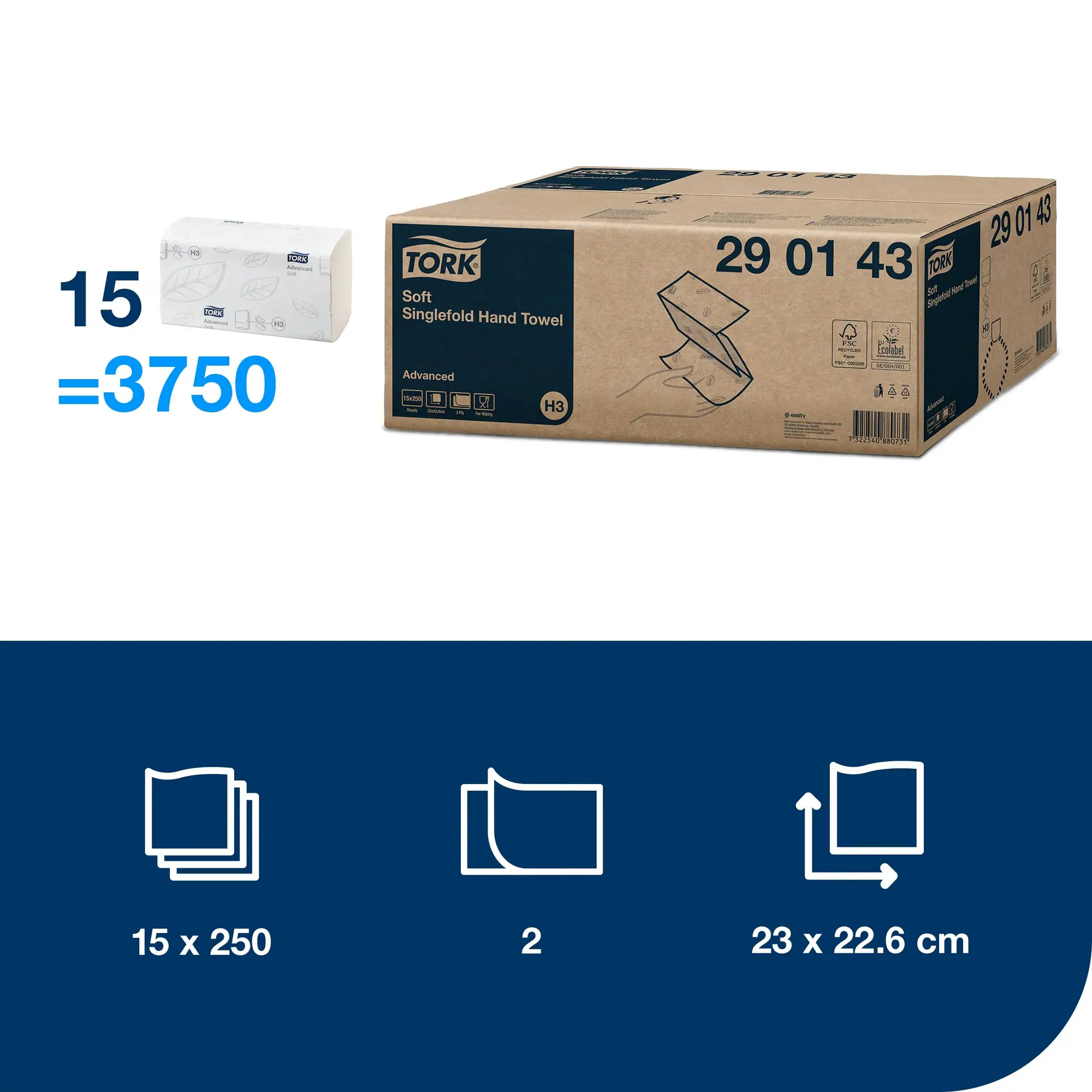 Tork Singlefold miękki ręcznik, specyfikacja techniczna 3750 listków o wymiarach 23 na 22.6 cm