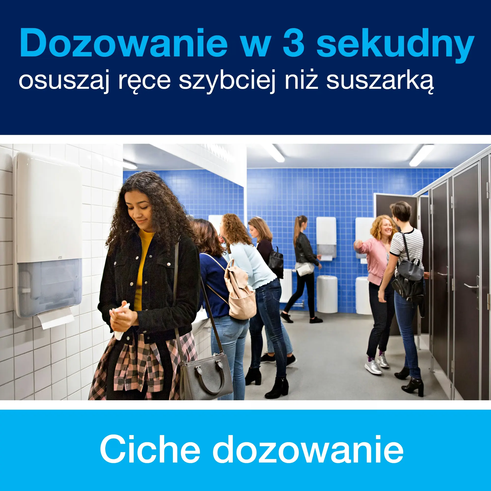 Tork PeakServe® niekończący się ręcznik do rąk, grupa kobiet w łazience korzystająca z dozowników ściennych