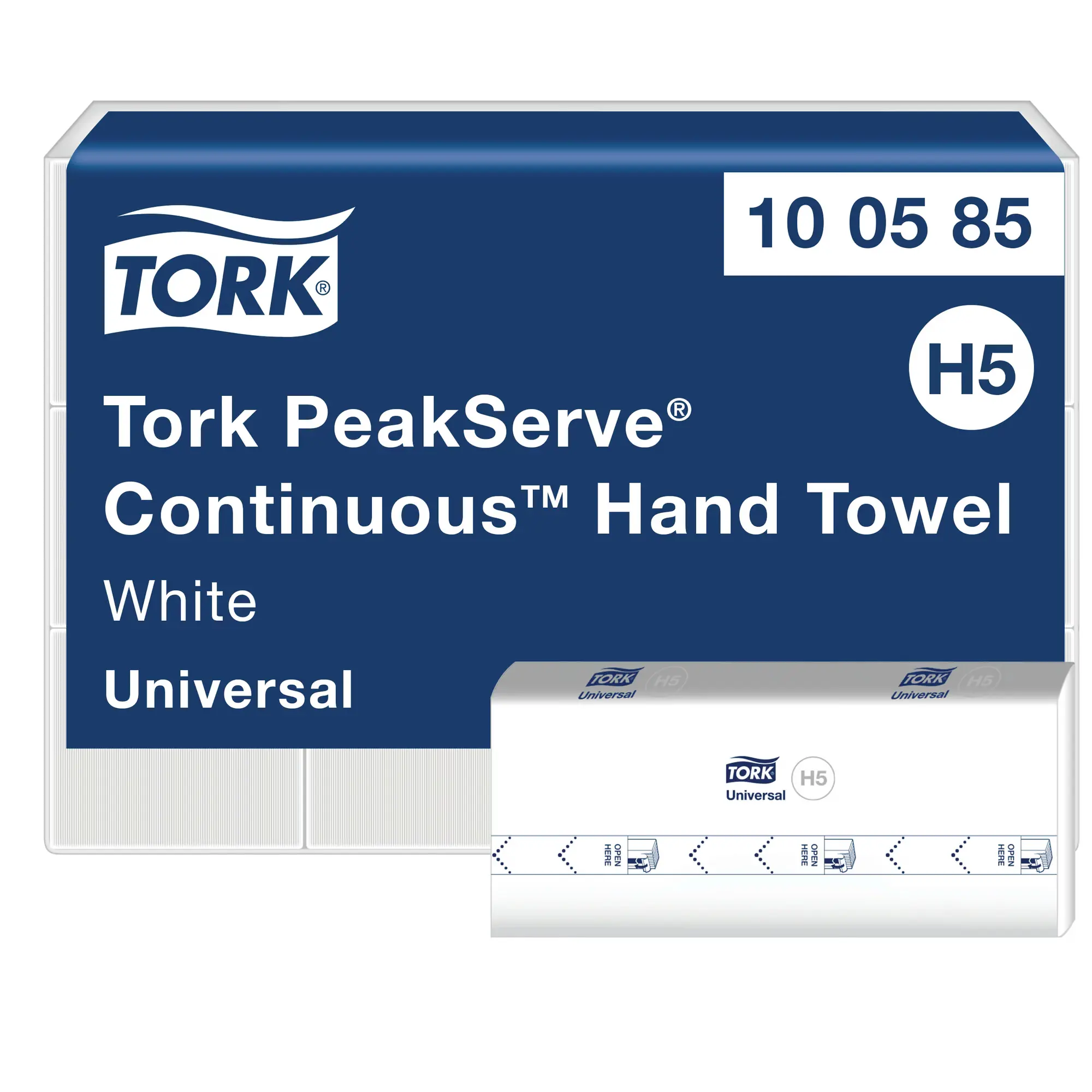 Tork PeakServe® niekończący się ręcznik do rąk 100585, zbliżenie na niebieskie opakowanie z oznaczeniem systemu H5